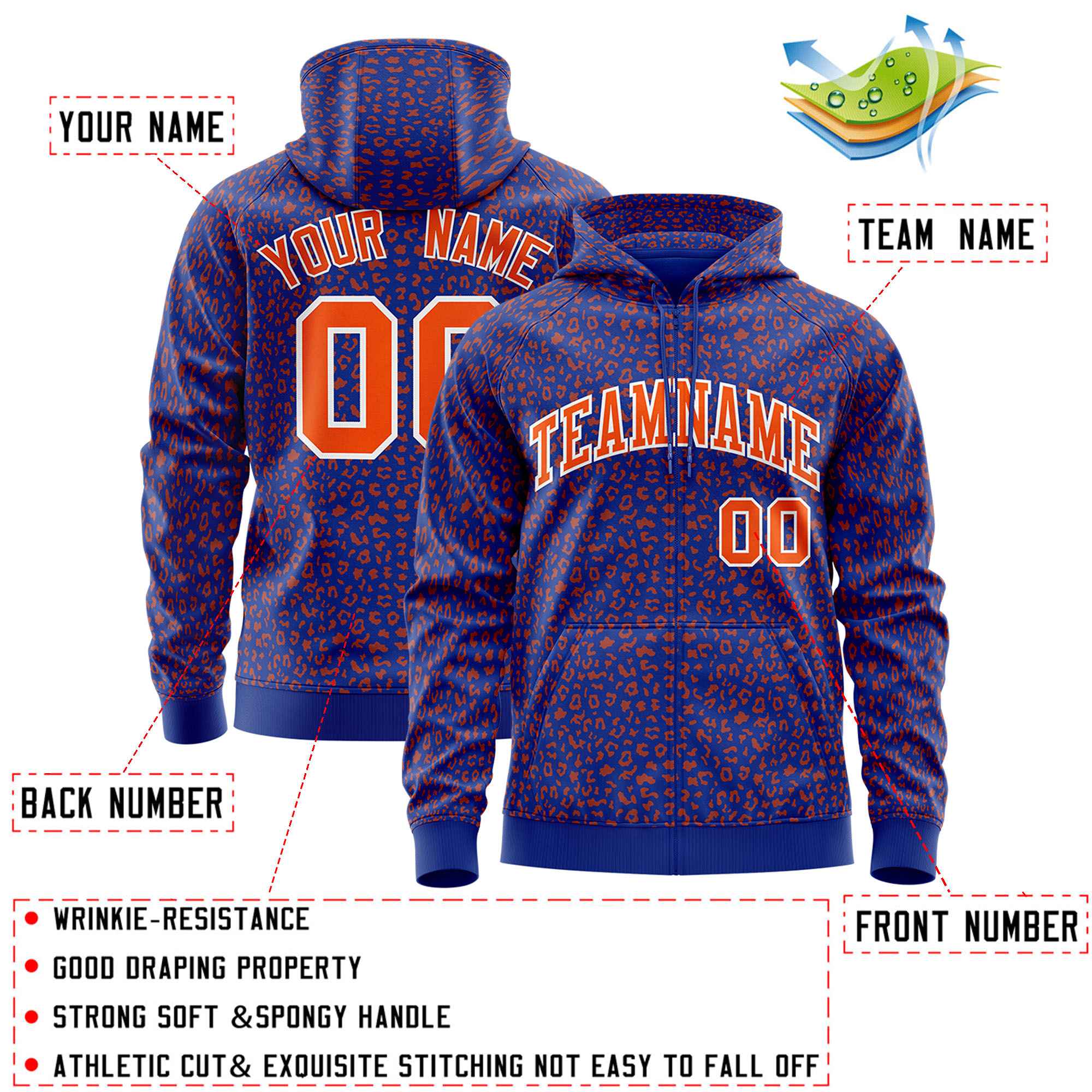 Custom Royal Orange Varsity Full-Zip Letterman Leopard Print Hoodie Jacket