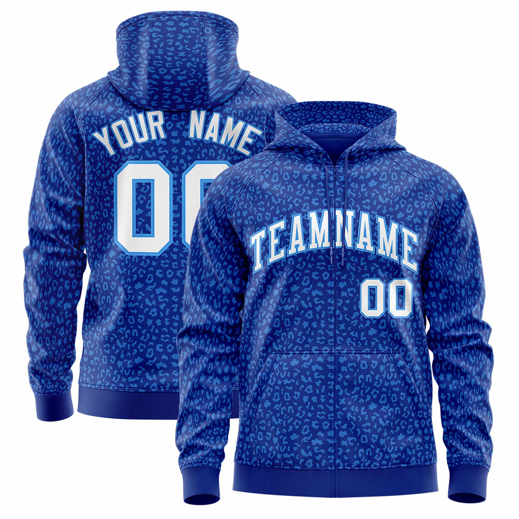 Custom Royal Powder Blue Varsity Full-Zip Letterman Leopard Print Hoodie Jacket