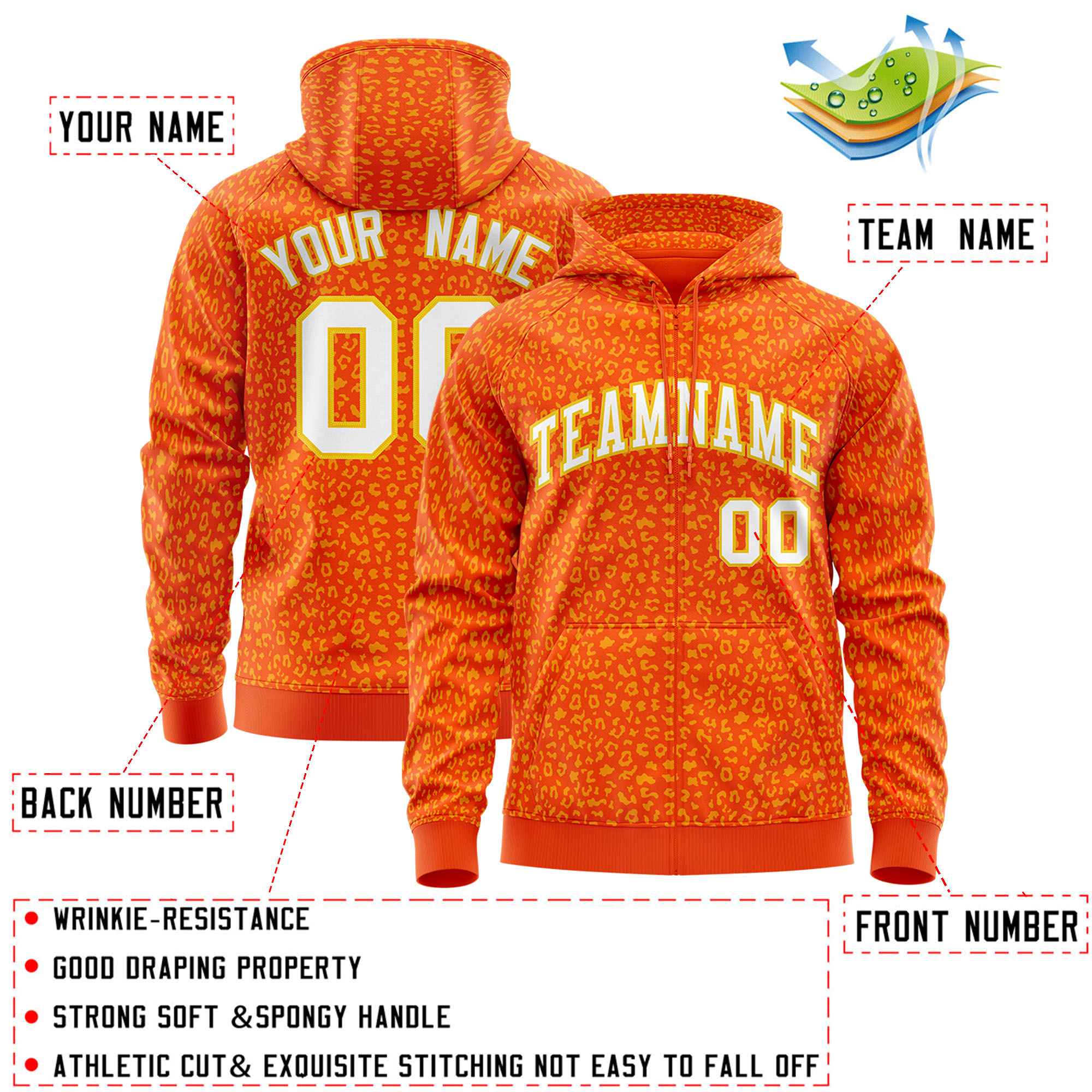 Custom Orange Gold Varsity Full-Zip Letterman Leopard Print Hoodie Jacket