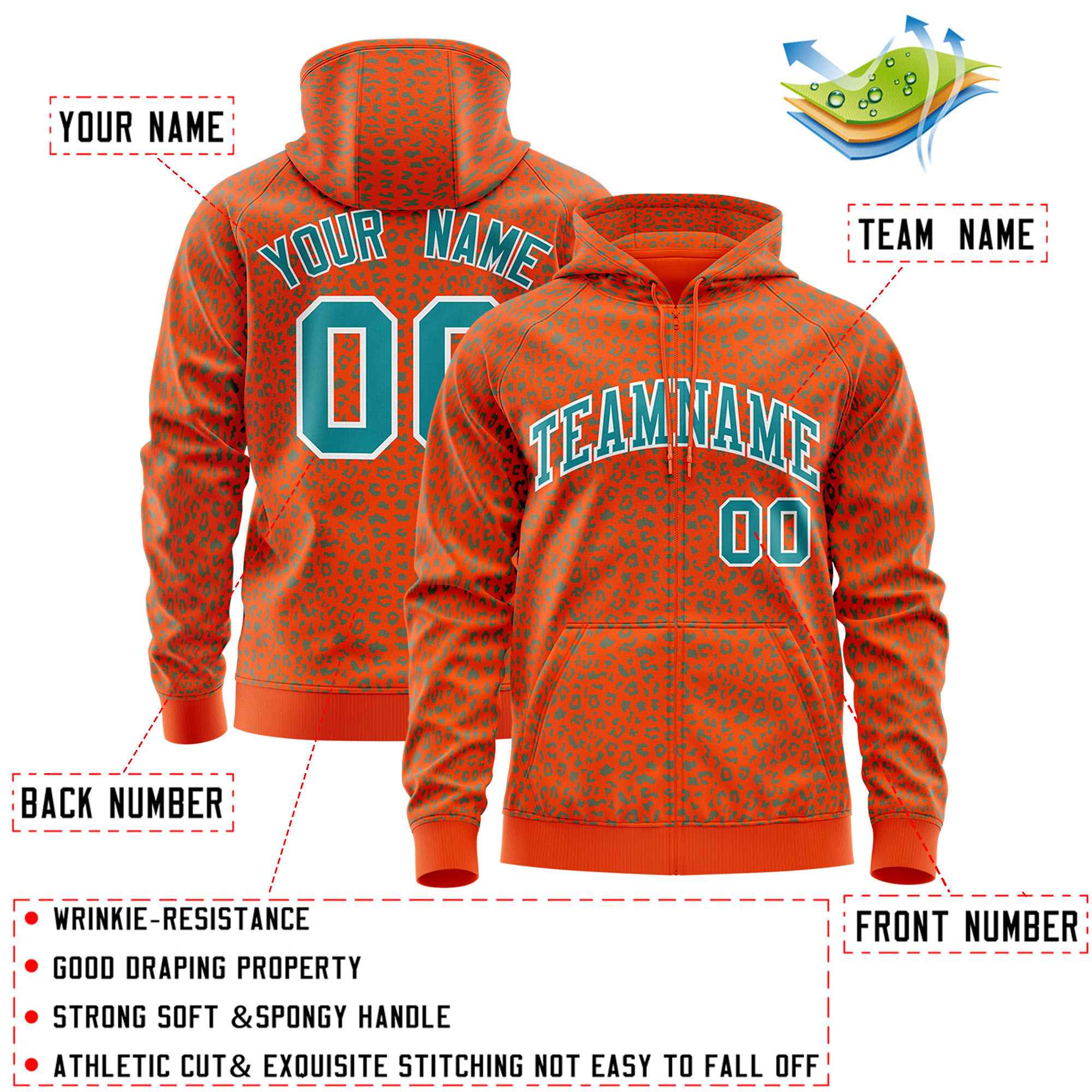 Custom Gold Orange Varsity Full-Zip Letterman Leopard Print Hoodie Jacket