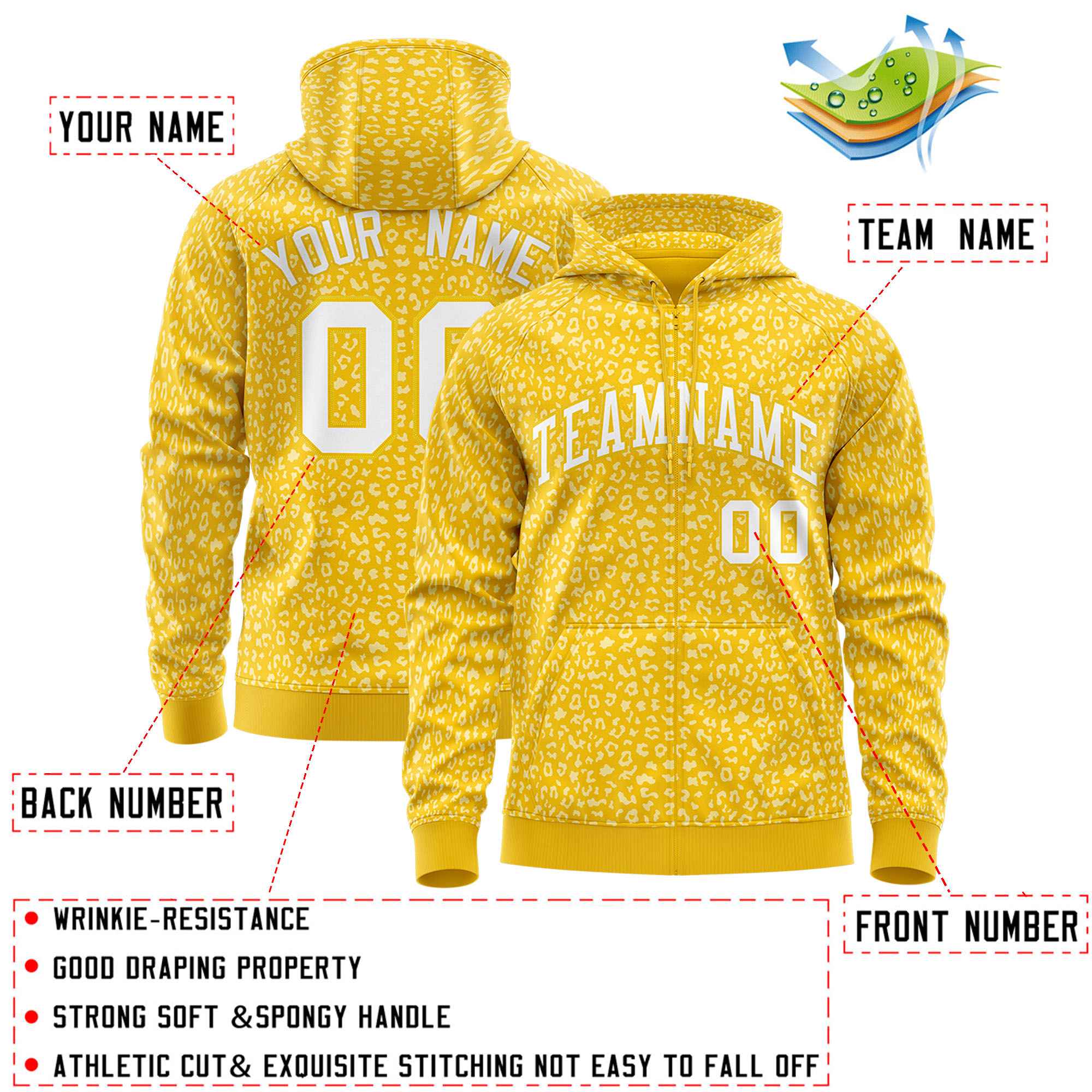 Custom Gold White Varsity Full-Zip Letterman Leopard Print Hoodie Jacket