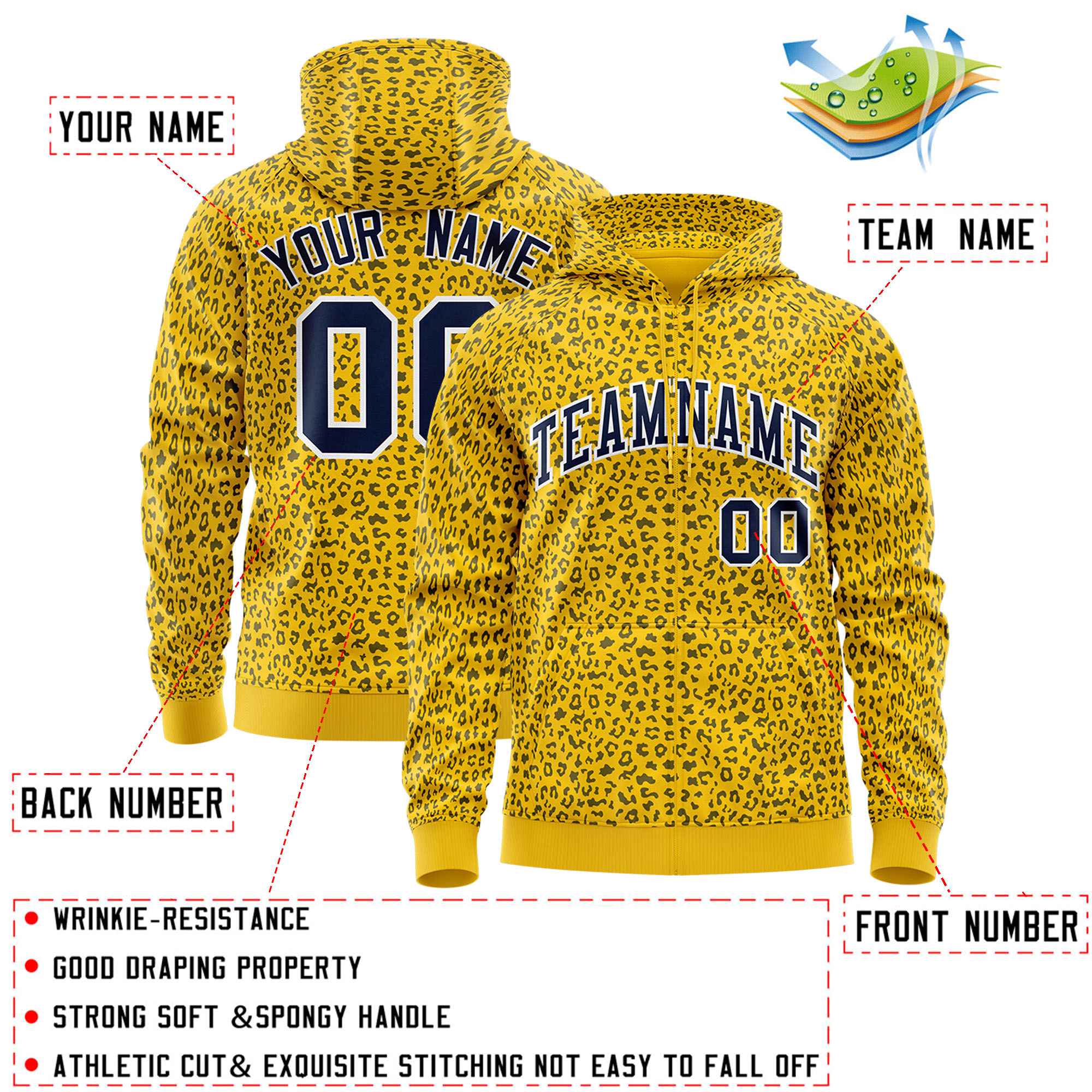 Custom Gold Navy Varsity Full-Zip Letterman Leopard Print Hoodie Jacket