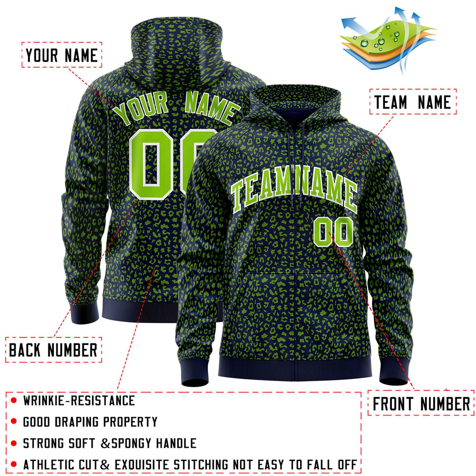 Custom Navy Neon Green Varsity Full-Zip Letterman Leopard Print Hoodie Jacket