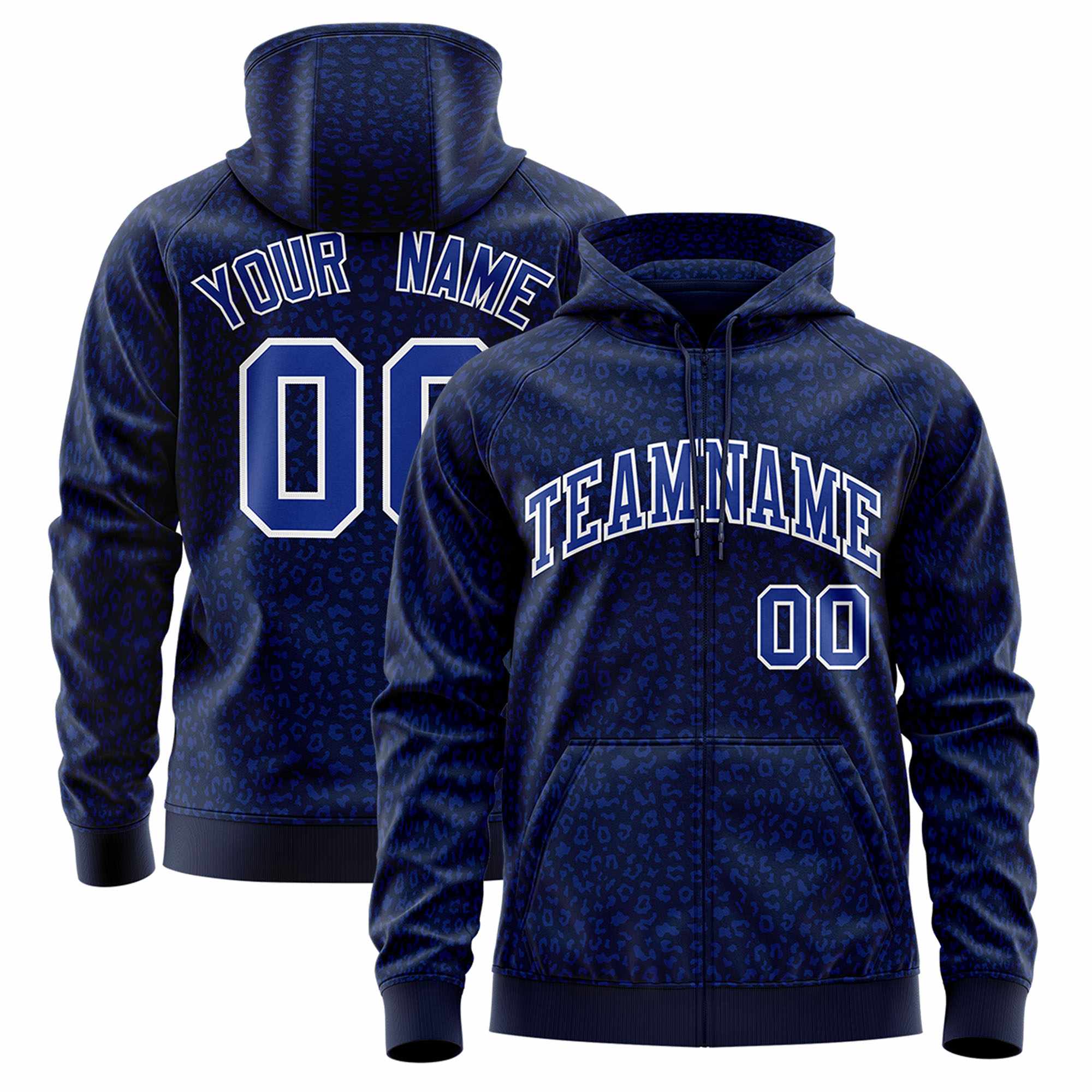 Custom Navy Royal Varsity Full-Zip Letterman Leopard Print Hoodie Jacket