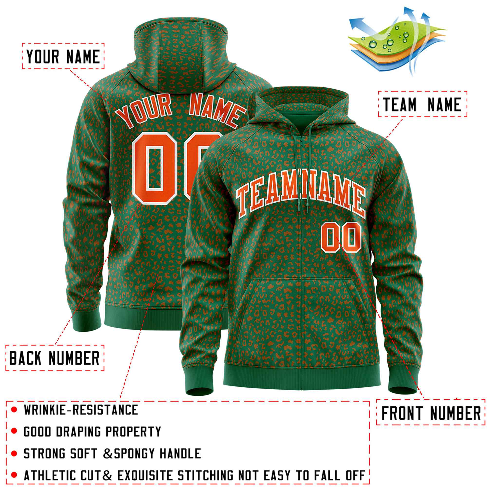 Custom Kelly Green Orange Varsity Full-Zip Letterman Leopard Print Hoodie Jacket