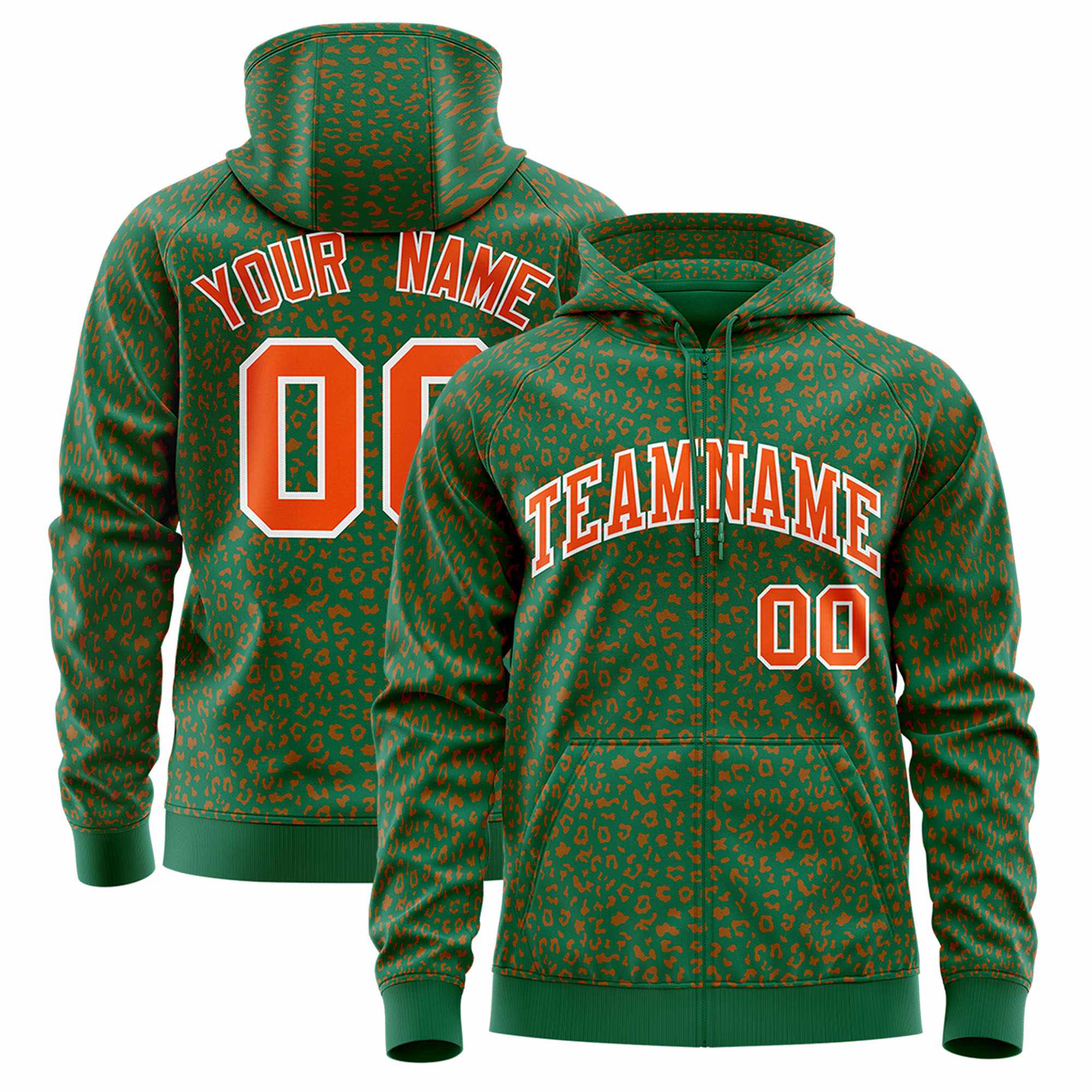 Custom Kelly Green Orange Varsity Full-Zip Letterman Leopard Print Hoodie Jacket