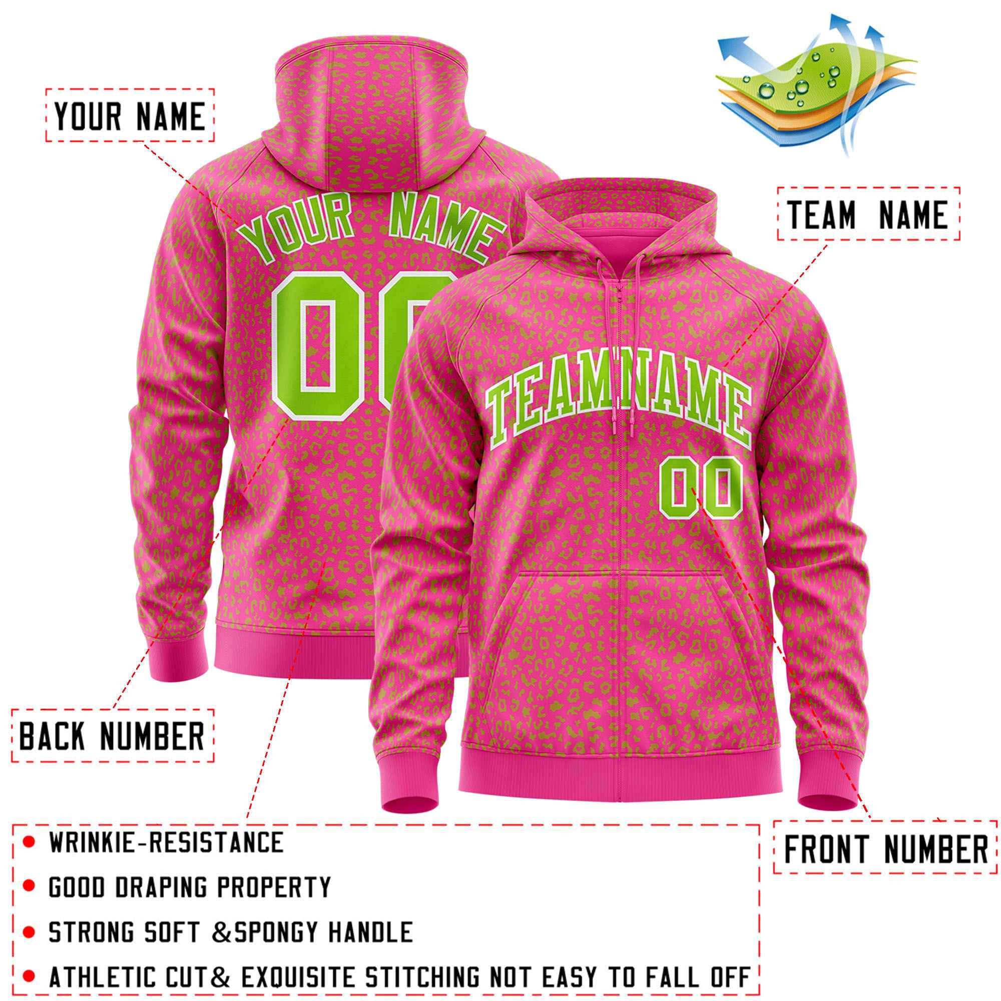 Custom Pink Neon Green Varsity Full-Zip Letterman Leopard Print Hoodie Jacket