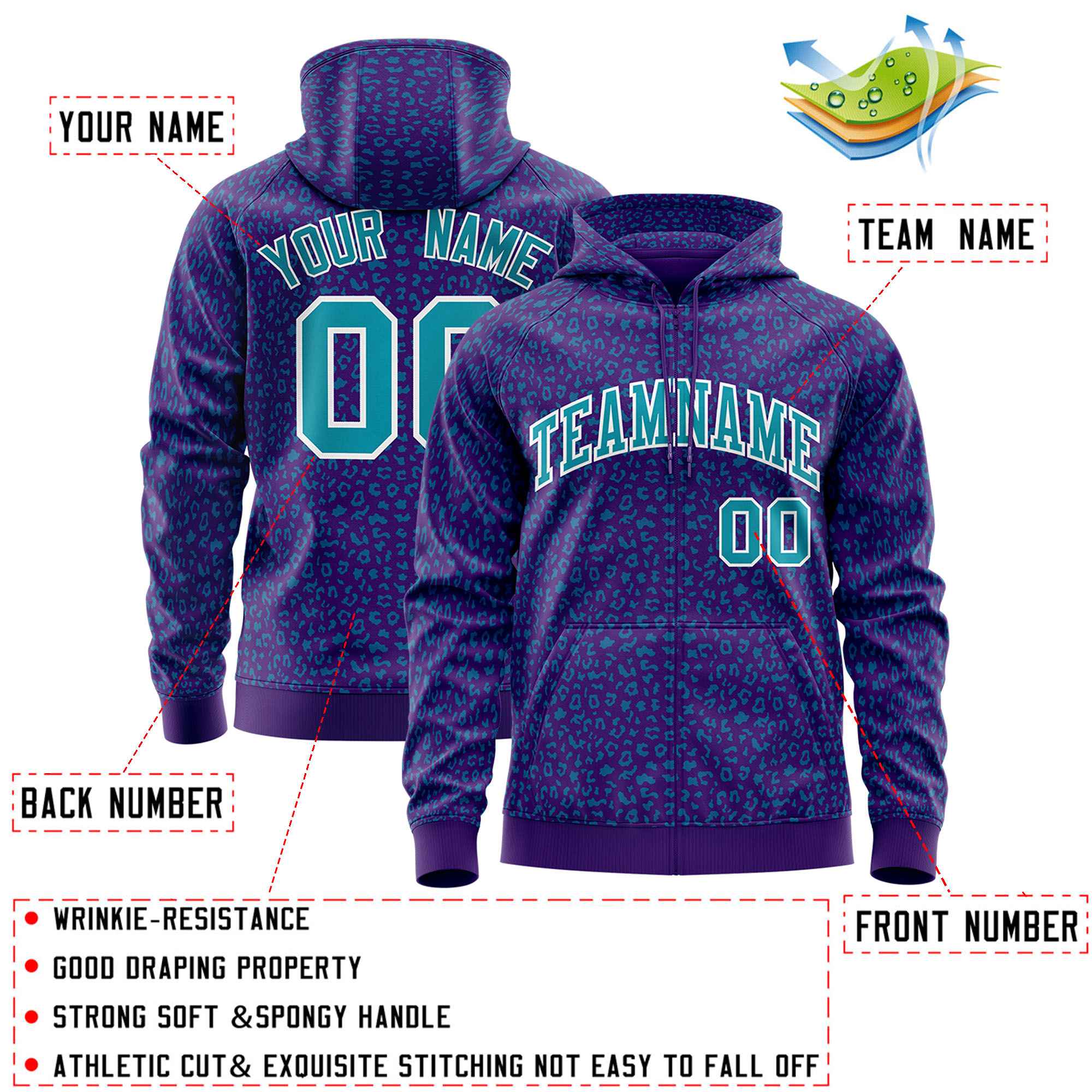 Custom Purple Teal Varsity Full-Zip Letterman Leopard Print Hoodie Jacket