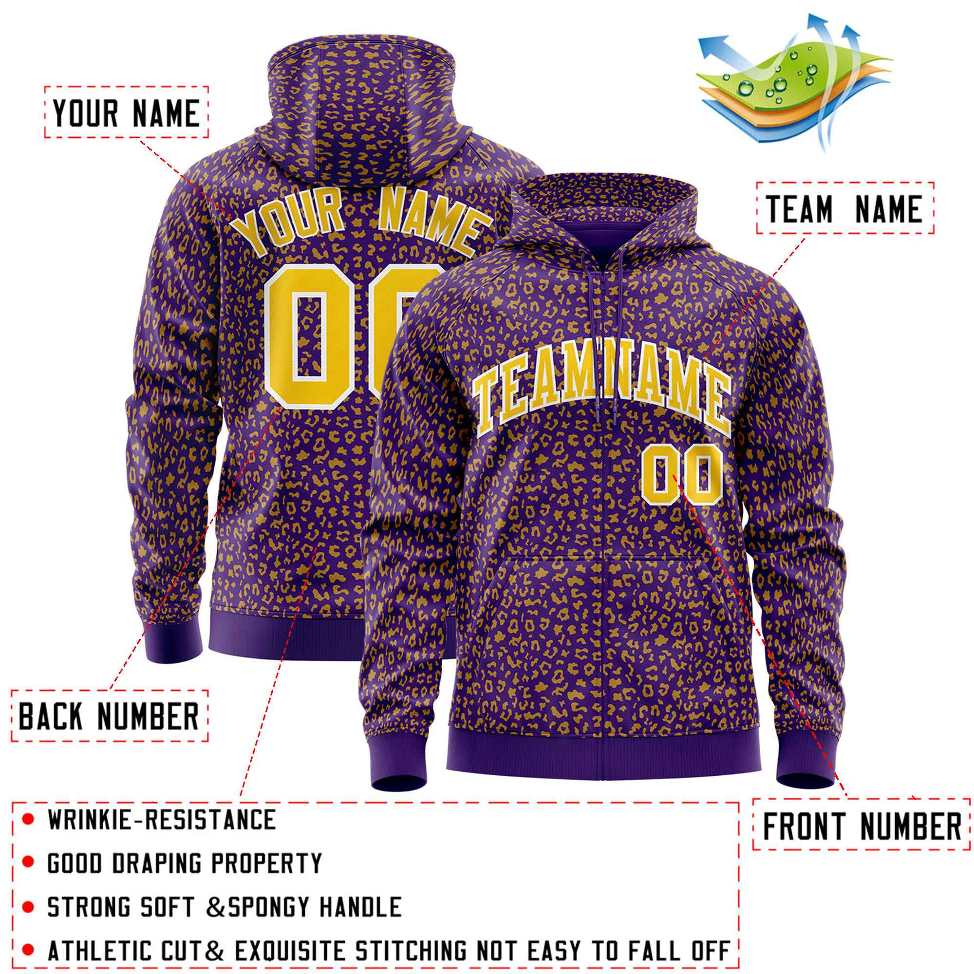 Custom Purple Gold Varsity Full-Zip Letterman Leopard Print Hoodie Jacket