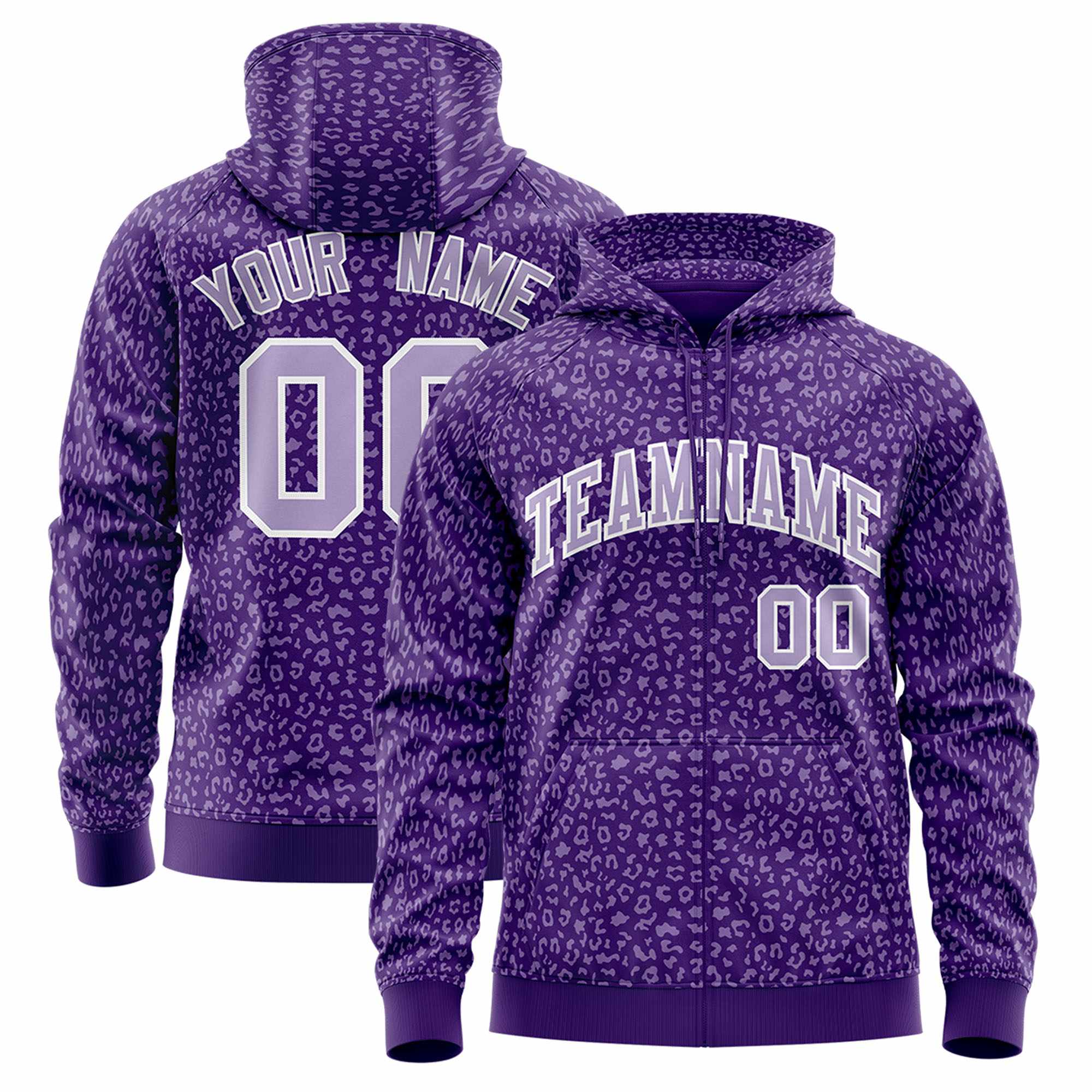 Custom White Purple Varsity Full-Zip Letterman Leopard Print Hoodie Jacket