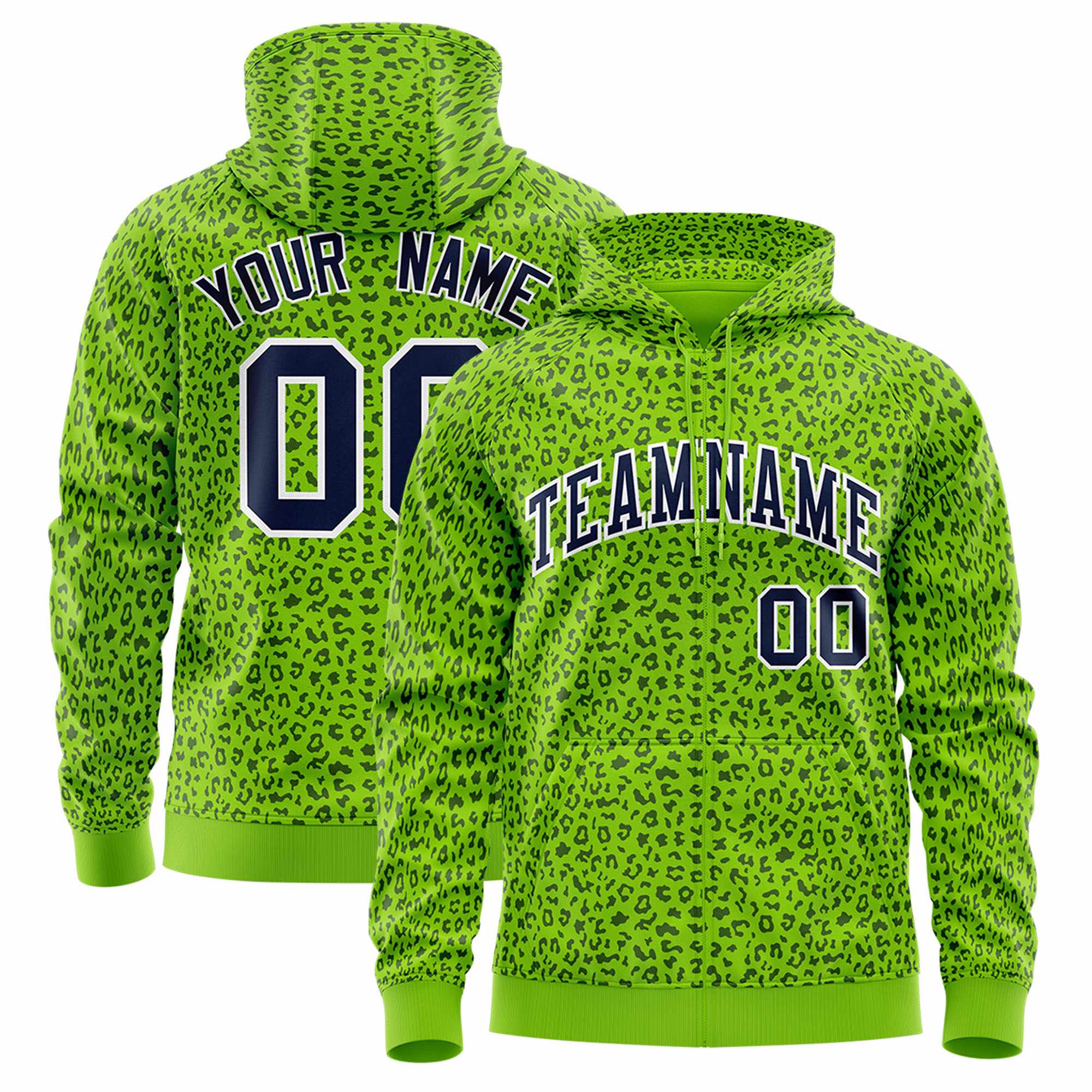 Custom White Bright Green Varsity Full-Zip Letterman Leopard Print Hoodie Jacket