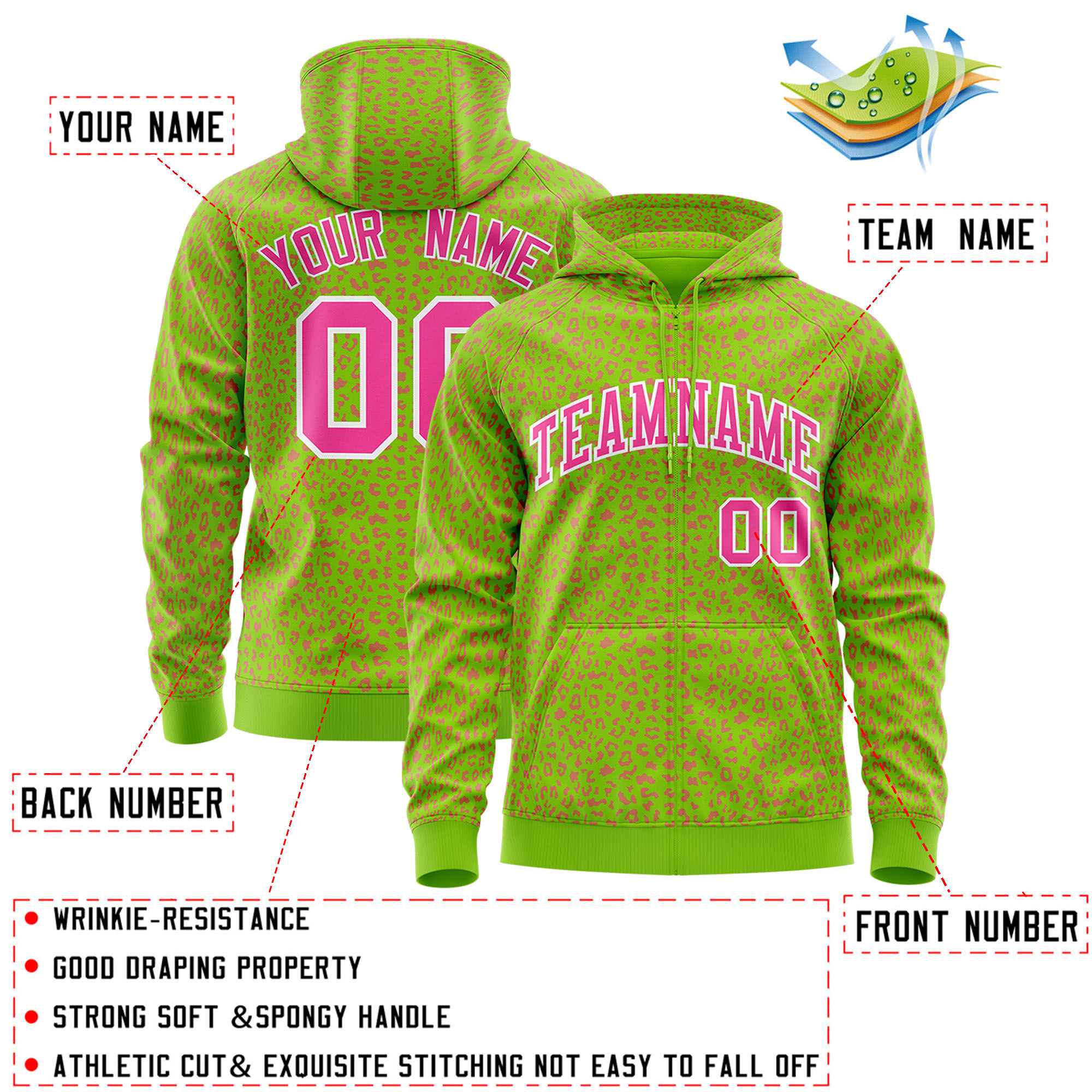 Custom Neon Green Pink Varsity Full-Zip Letterman Leopard Print Hoodie Jacket