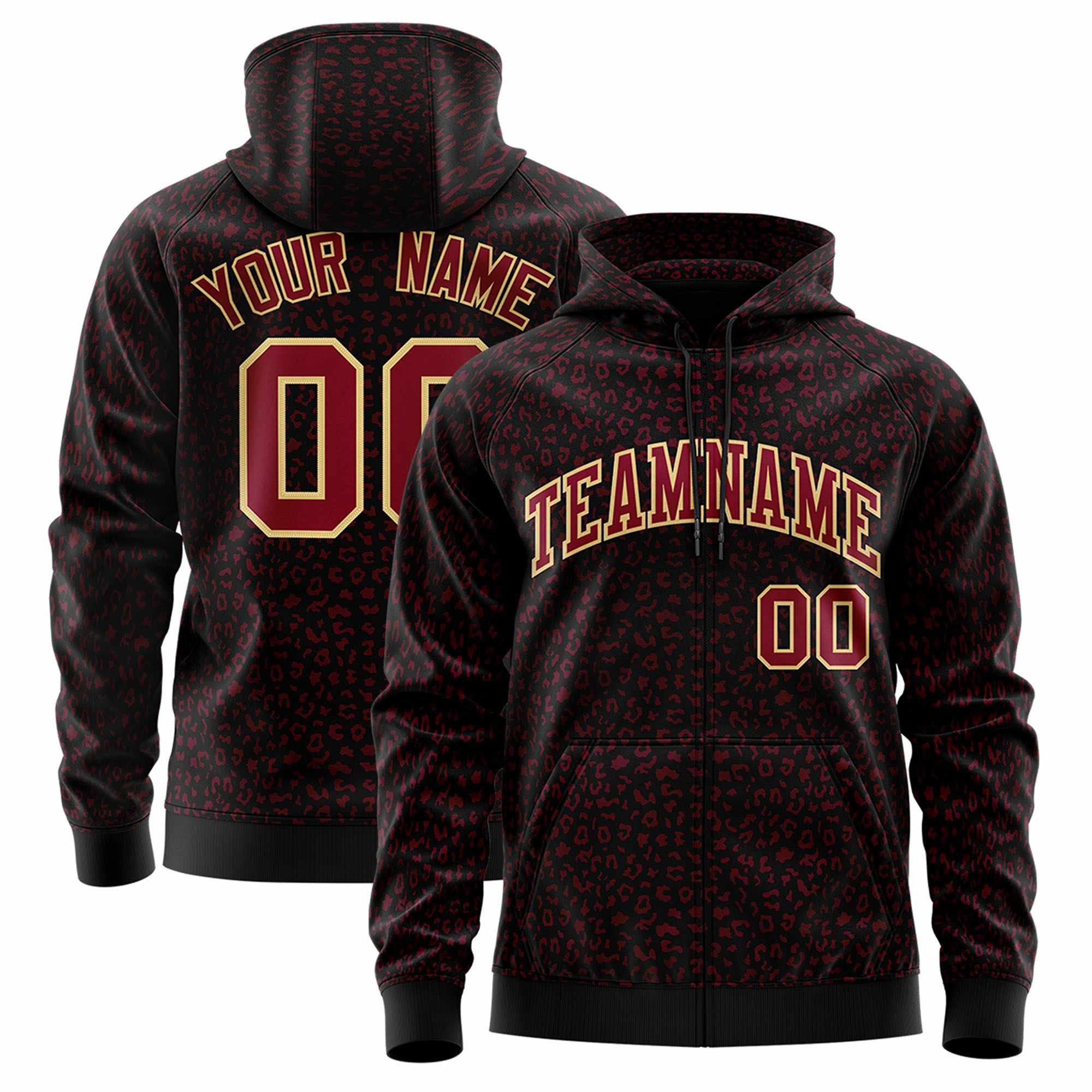 Custom Black Crimson Varsity Full-Zip Letterman Leopard Print Hoodie Jacket