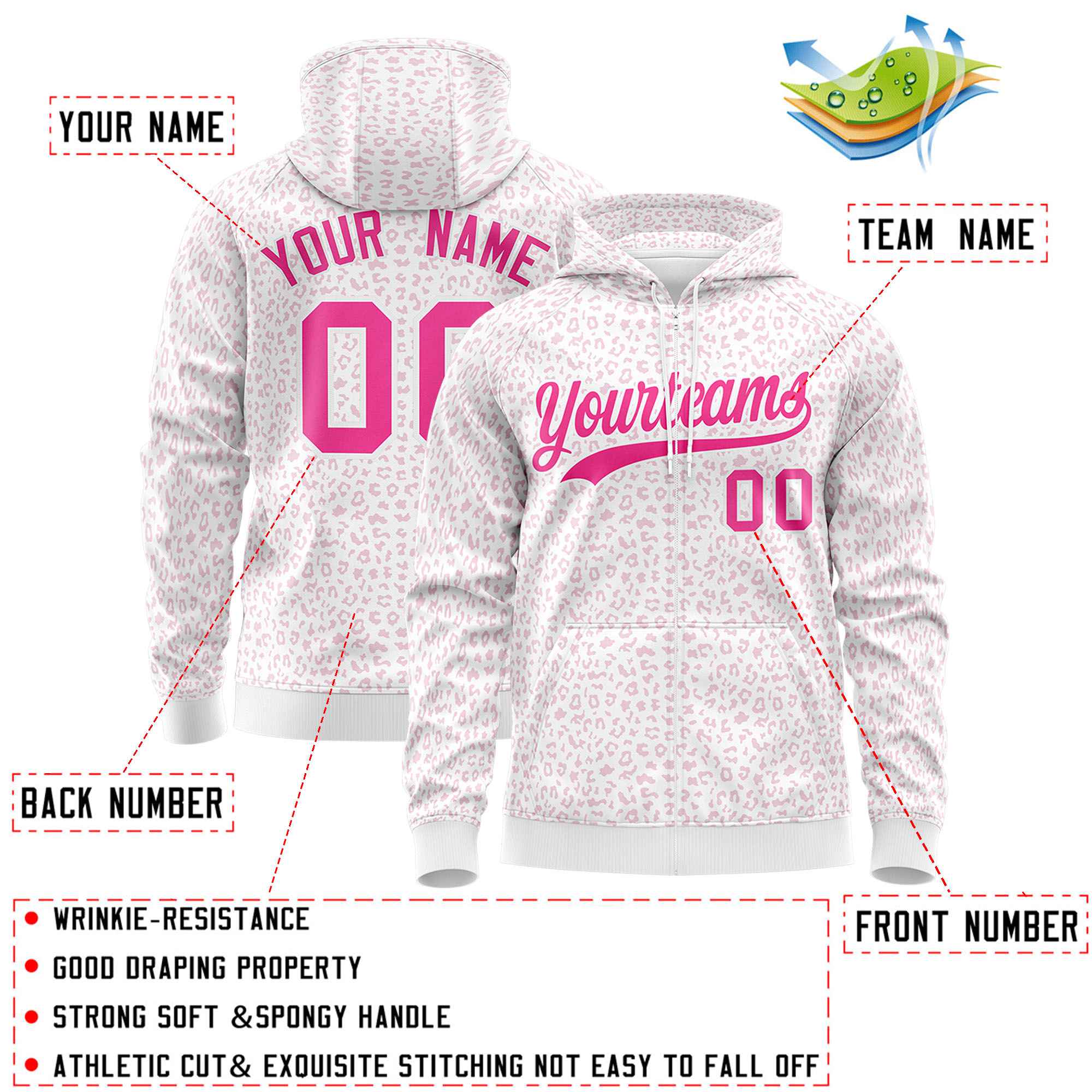 Custom White Pink Varsity Full-Zip Letterman Leopard Print Hoodie Jacket