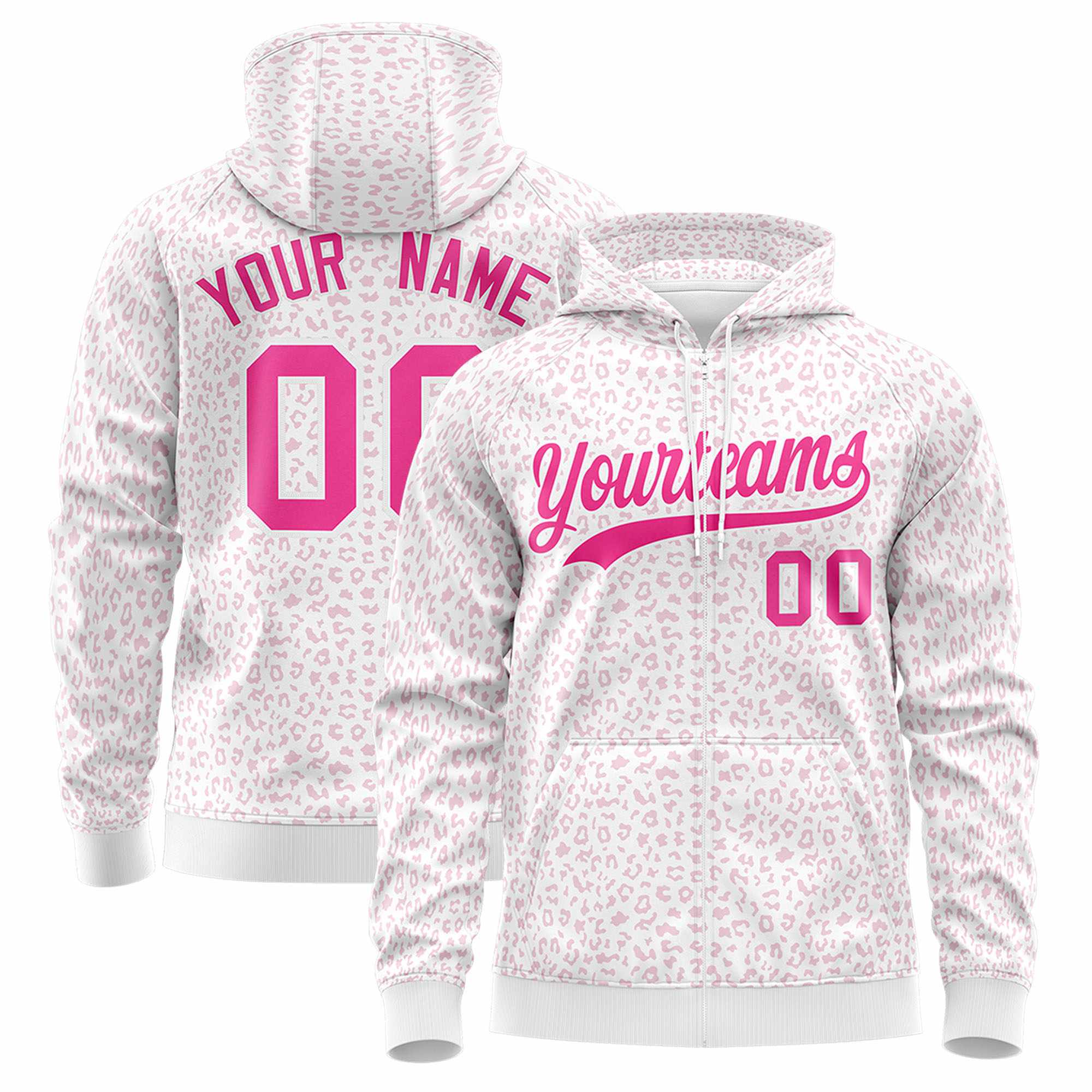 Custom White Pink Varsity Full-Zip Letterman Leopard Print Hoodie Jacket