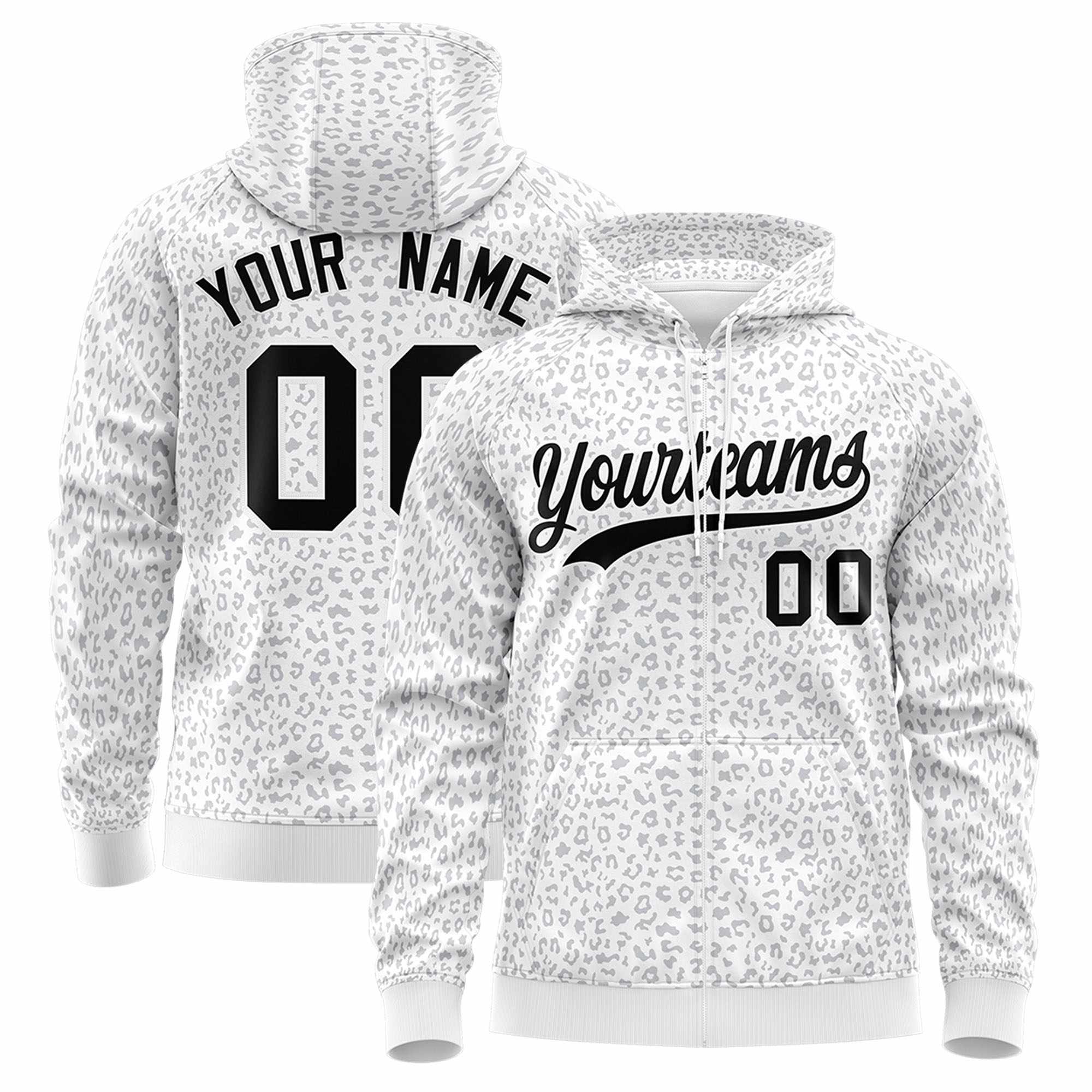 Custom White Black Varsity Full-Zip Letterman Leopard Print Hoodie Jacket