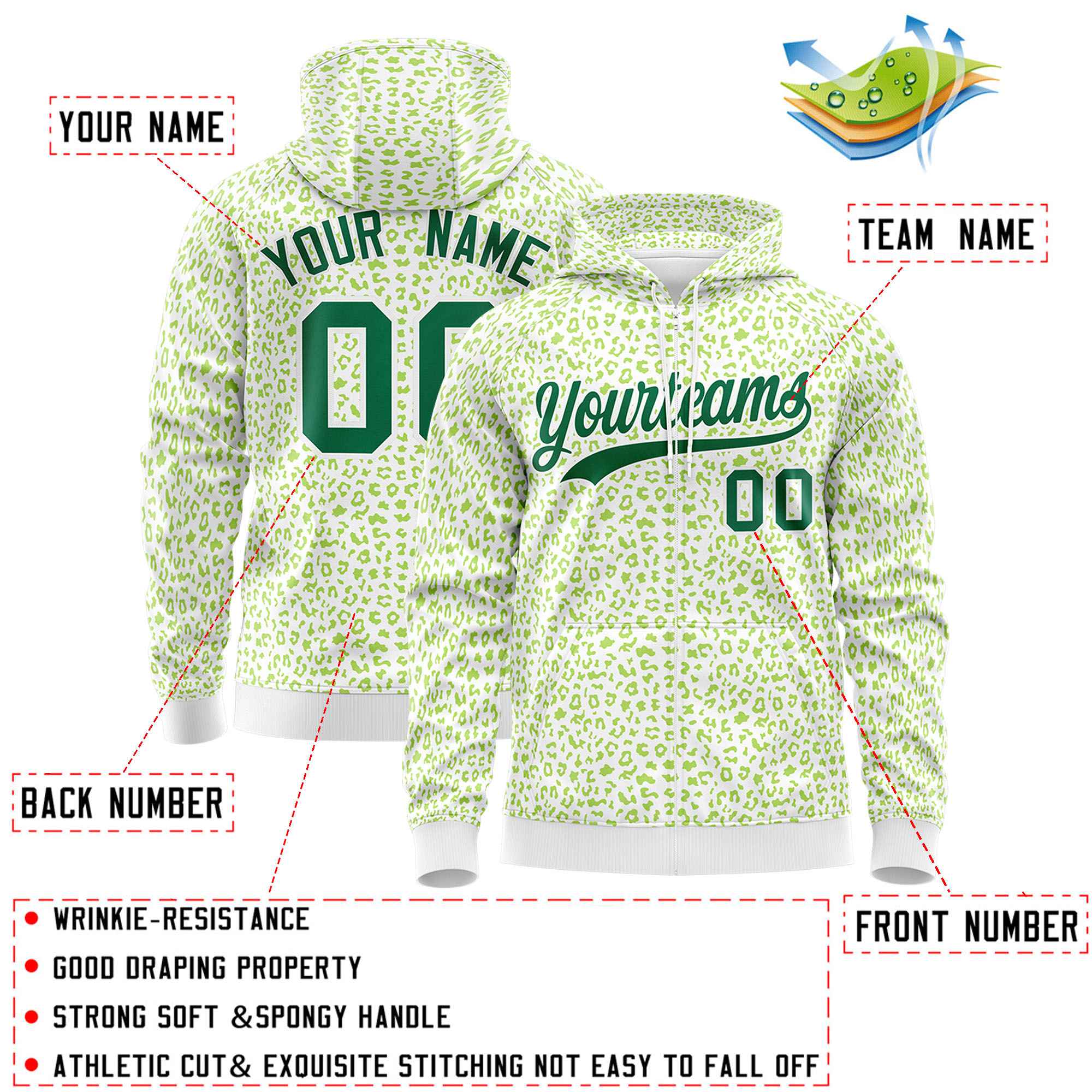 Custom White Neon Green Varsity Full-Zip Letterman Leopard Print Hoodie Jacket