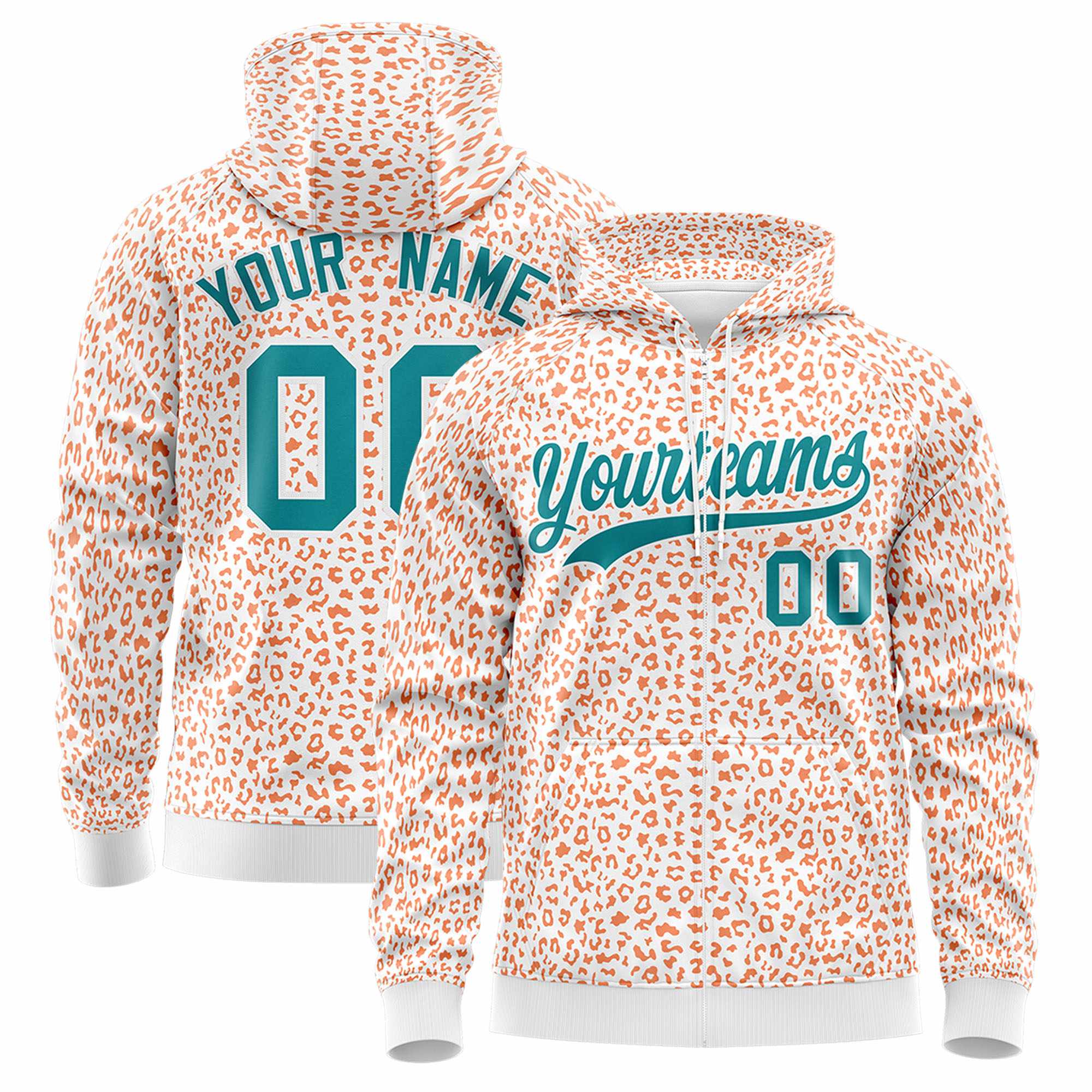 Custom White Orange Varsity Full-Zip Letterman Leopard Print Hoodie Jacket