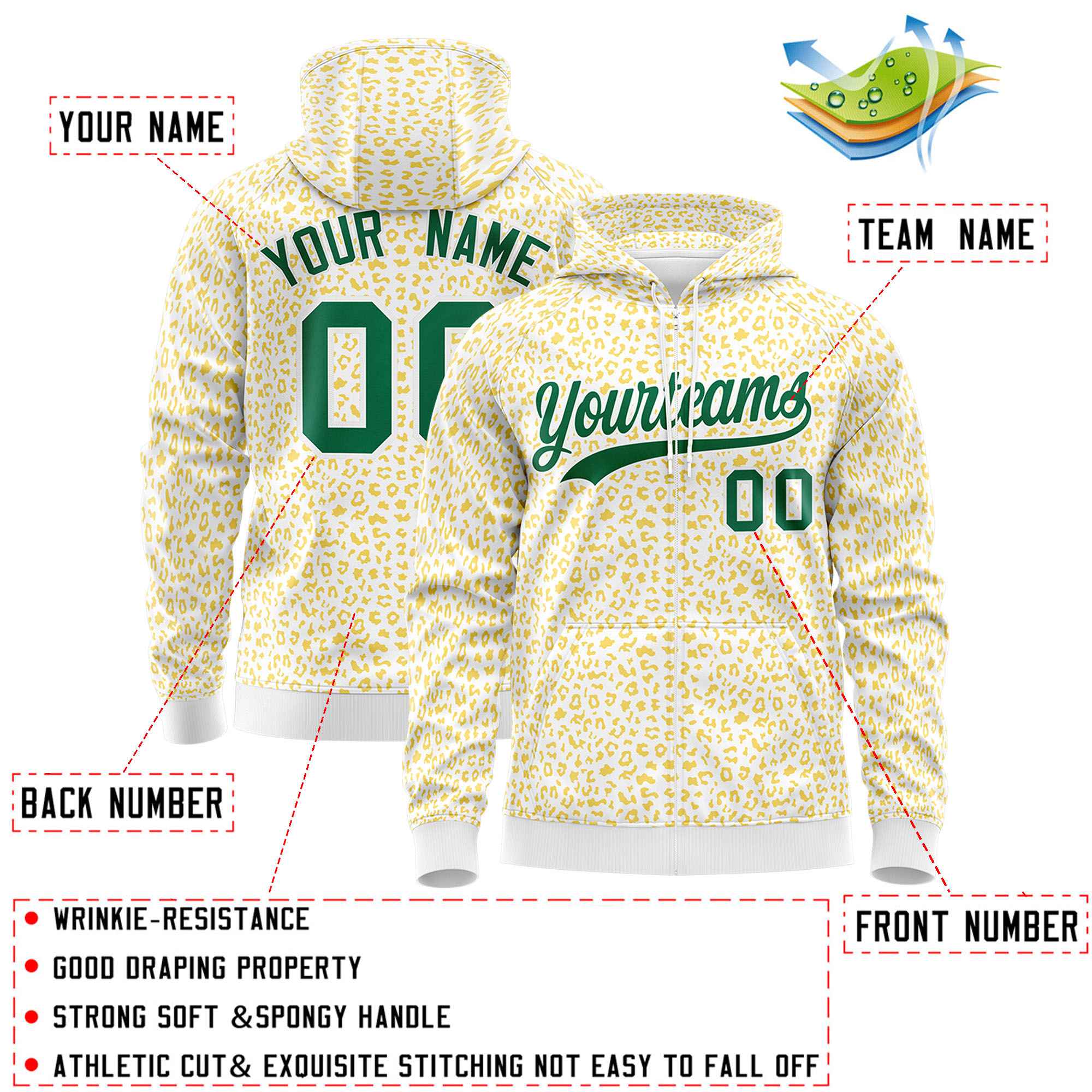 Custom White Gold Varsity Full-Zip Letterman Leopard Print Hoodie Jacket