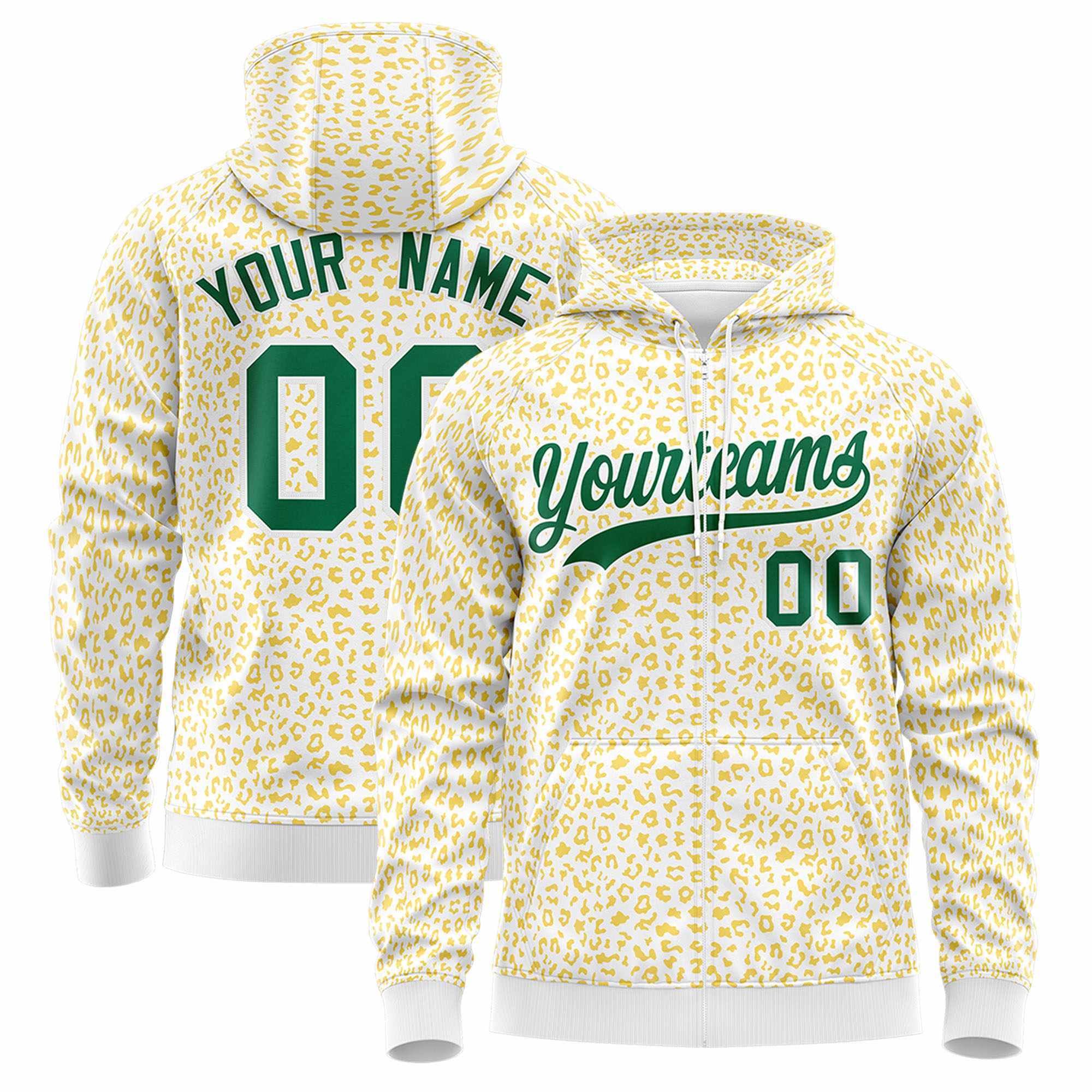 Custom White Gold Varsity Full-Zip Letterman Leopard Print Hoodie Jacket