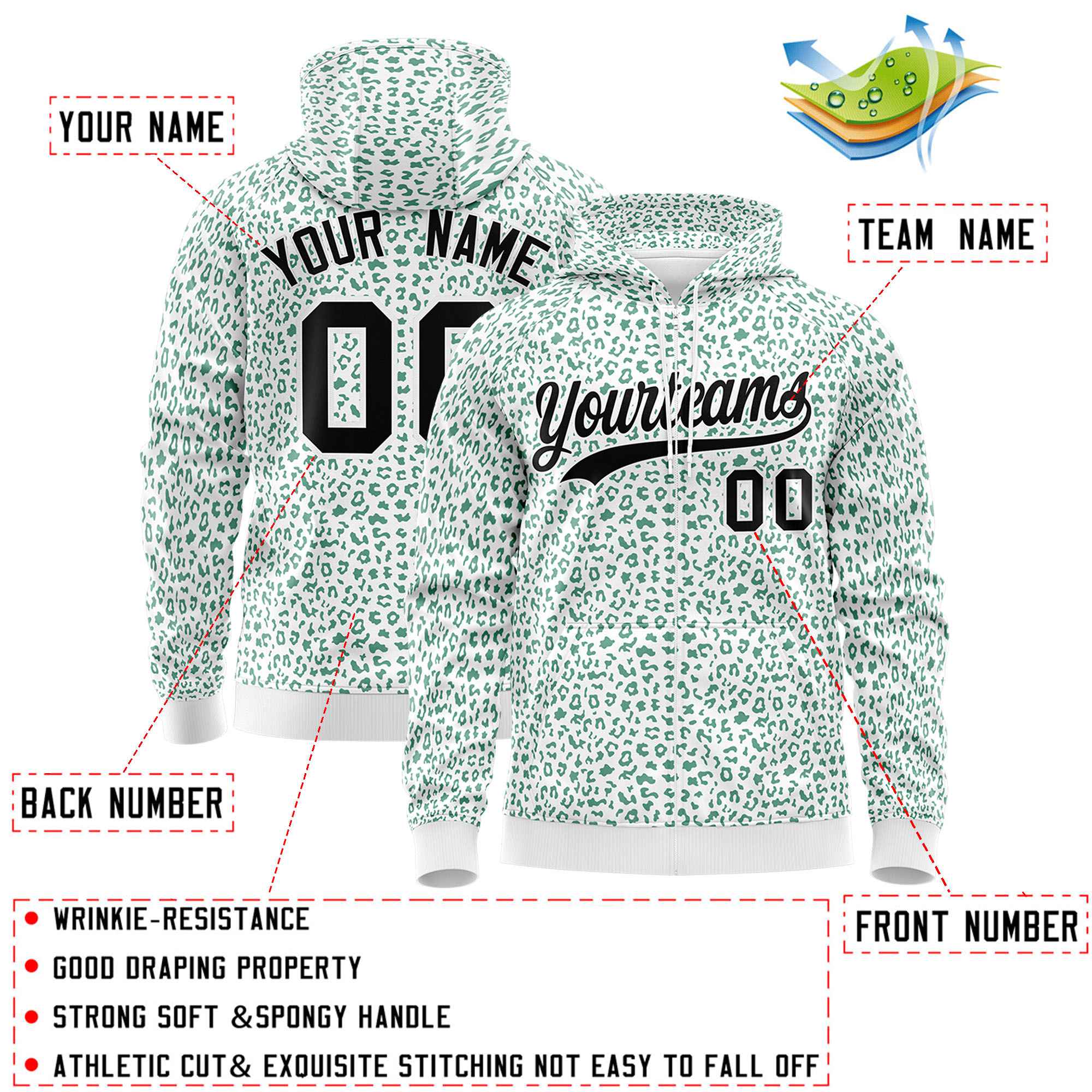 Custom Neon Green Pink Varsity Full-Zip Letterman Leopard Print Hoodie Jacket