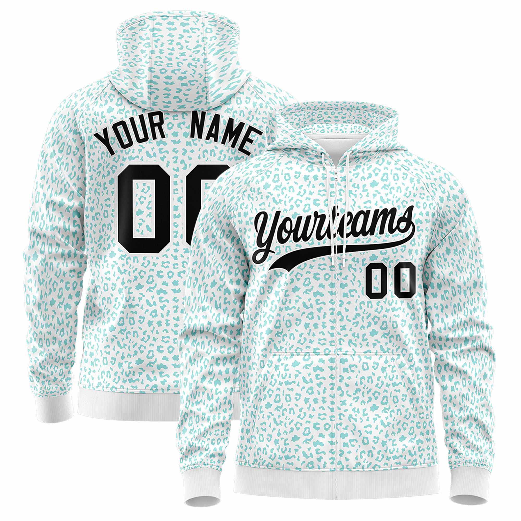 Custom White Bright Green Varsity Full-Zip Letterman Leopard Print Hoodie Jacket