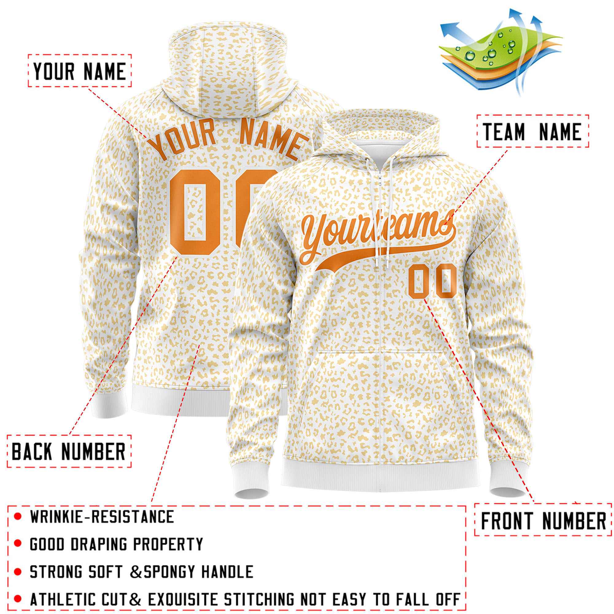 Custom White Orange Varsity Full-Zip Letterman Leopard Print Hoodie Jacket