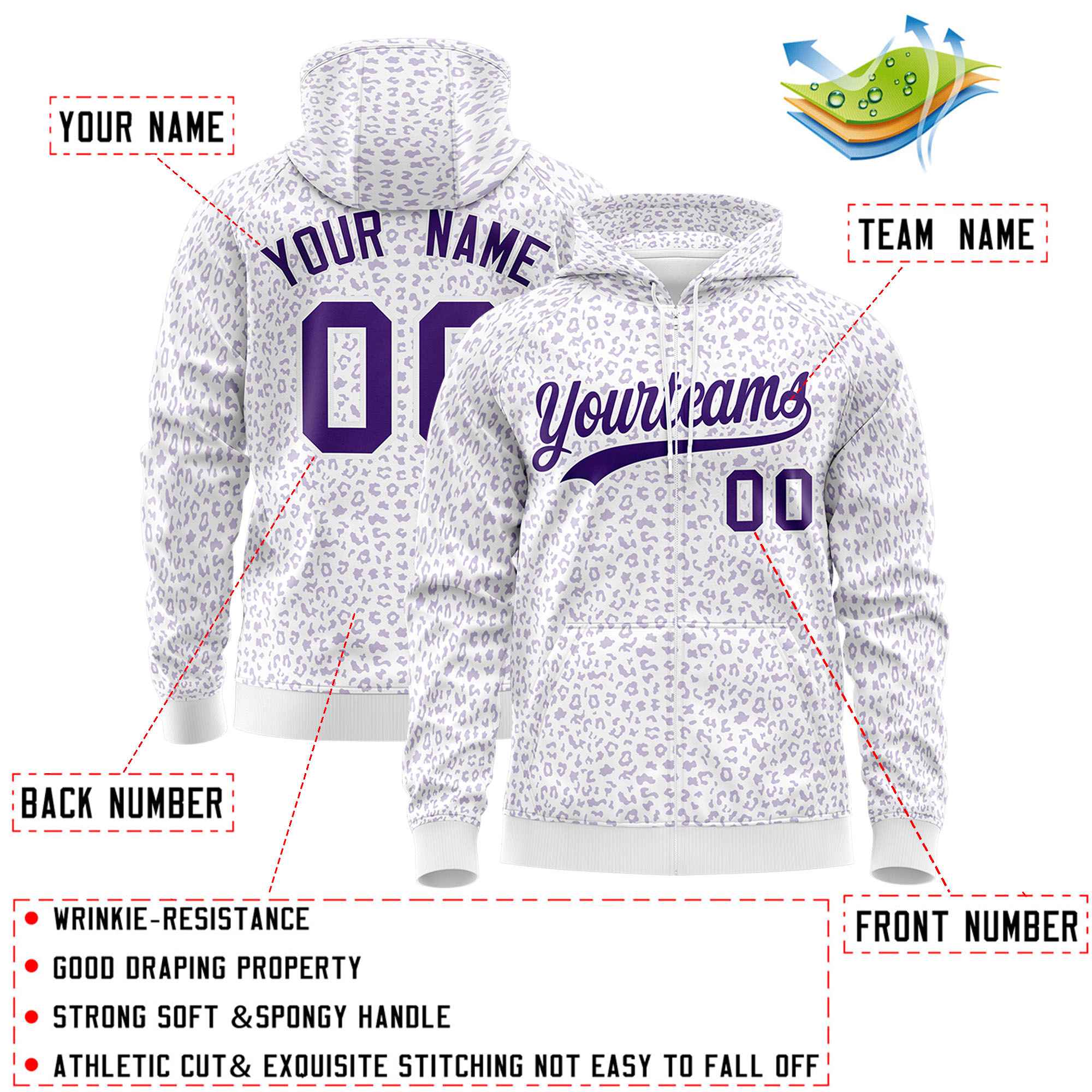 Custom Purple Light Purple Varsity Full-Zip Letterman Leopard Print Hoodie Jacket