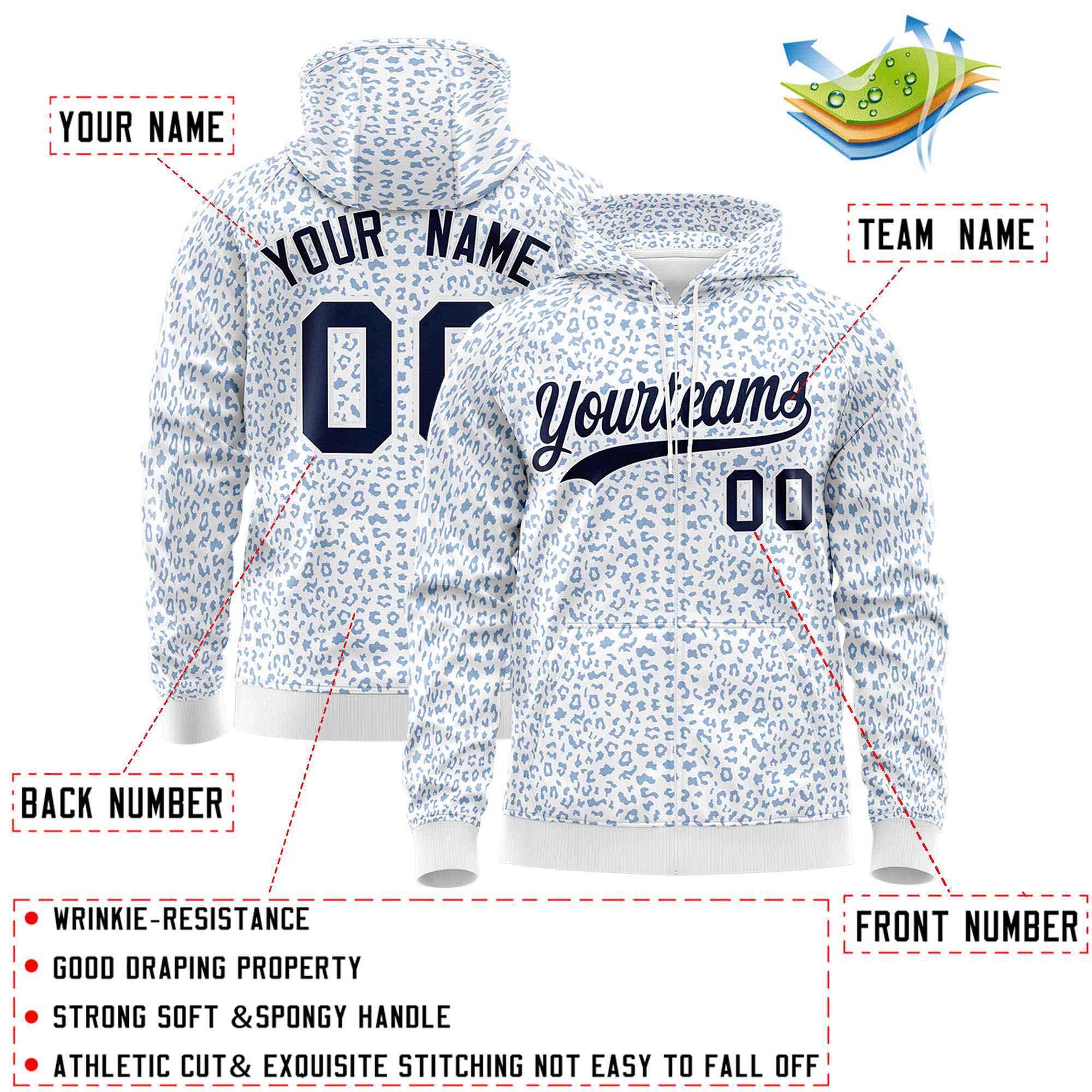 Custom White Light Blue Varsity Full-Zip Letterman Leopard Print Hoodie Jacket