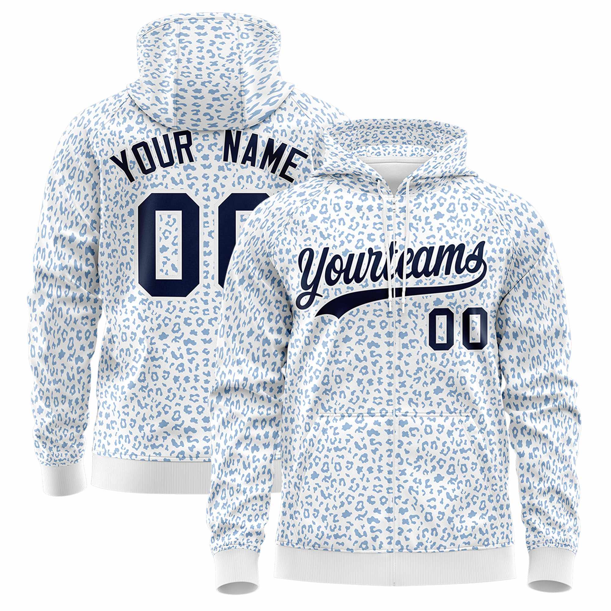 Custom White Light Blue Varsity Full-Zip Letterman Leopard Print Hoodie Jacket