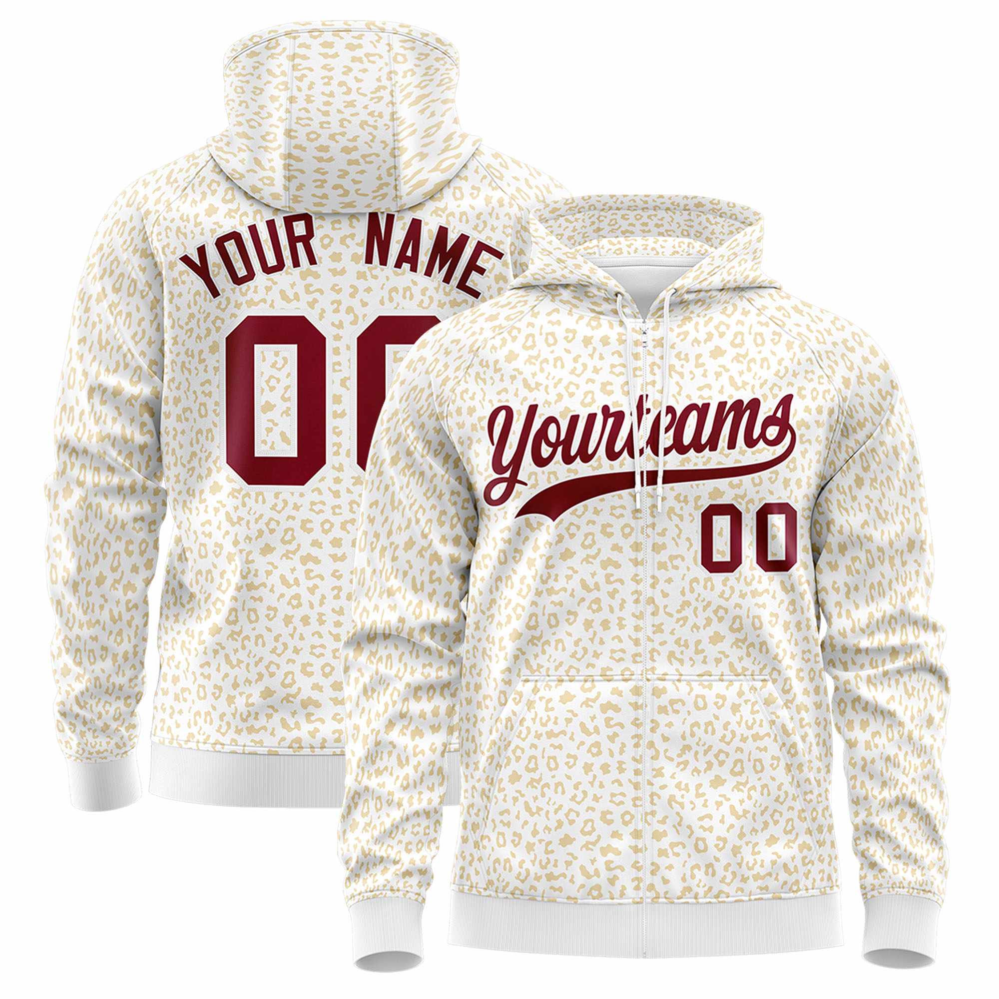 Custom White Khaki Varsity Full-Zip Letterman Leopard Print Hoodie Jacket