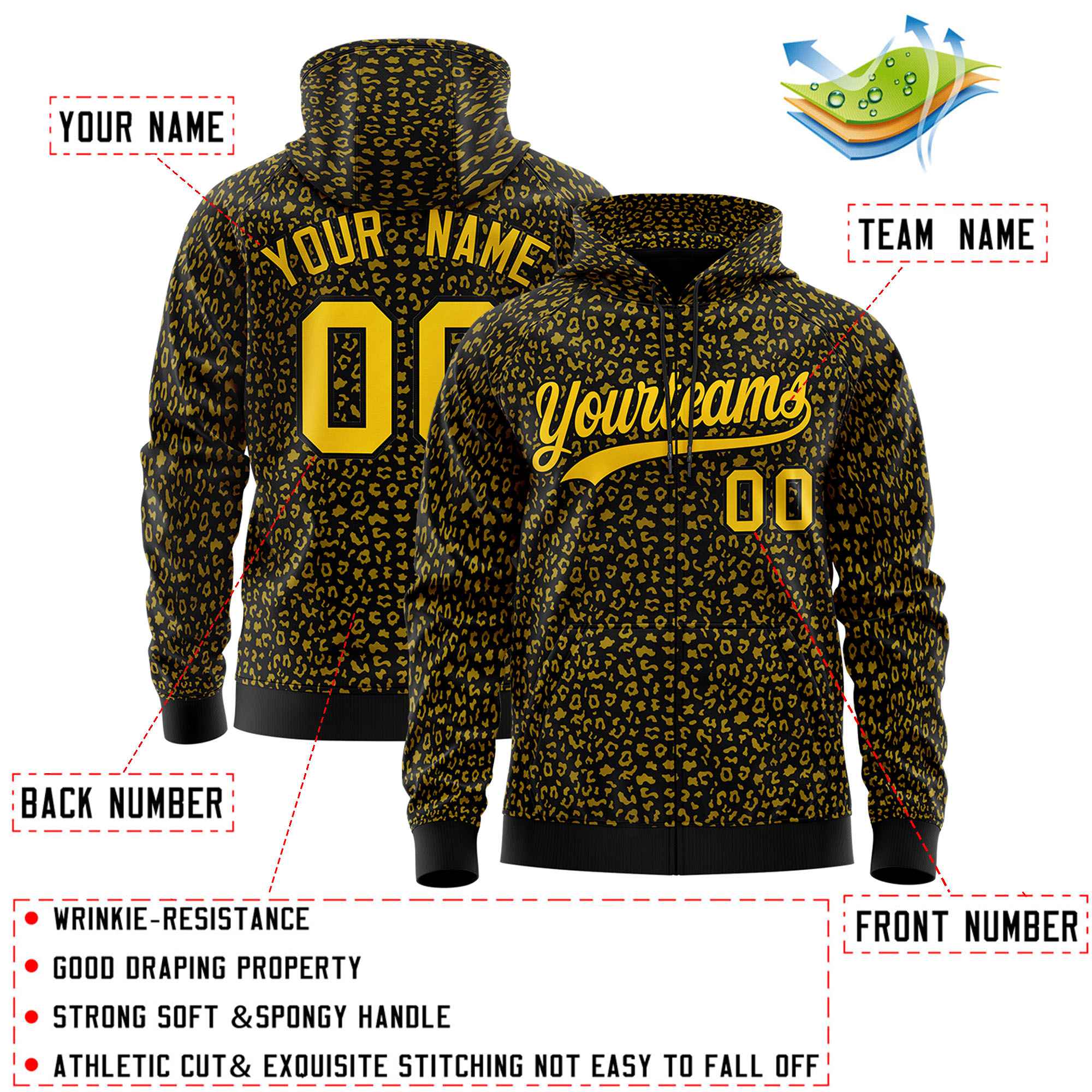 Custom Black Gold Varsity Full-Zip Letterman Leopard Print Hoodie Jacket