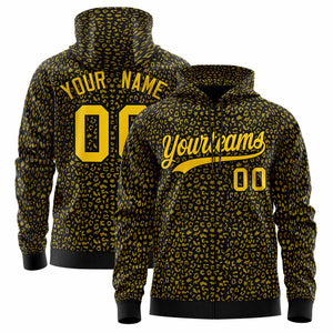 Custom Black Gold Varsity Full-Zip Letterman Leopard Print Hoodie Jacket