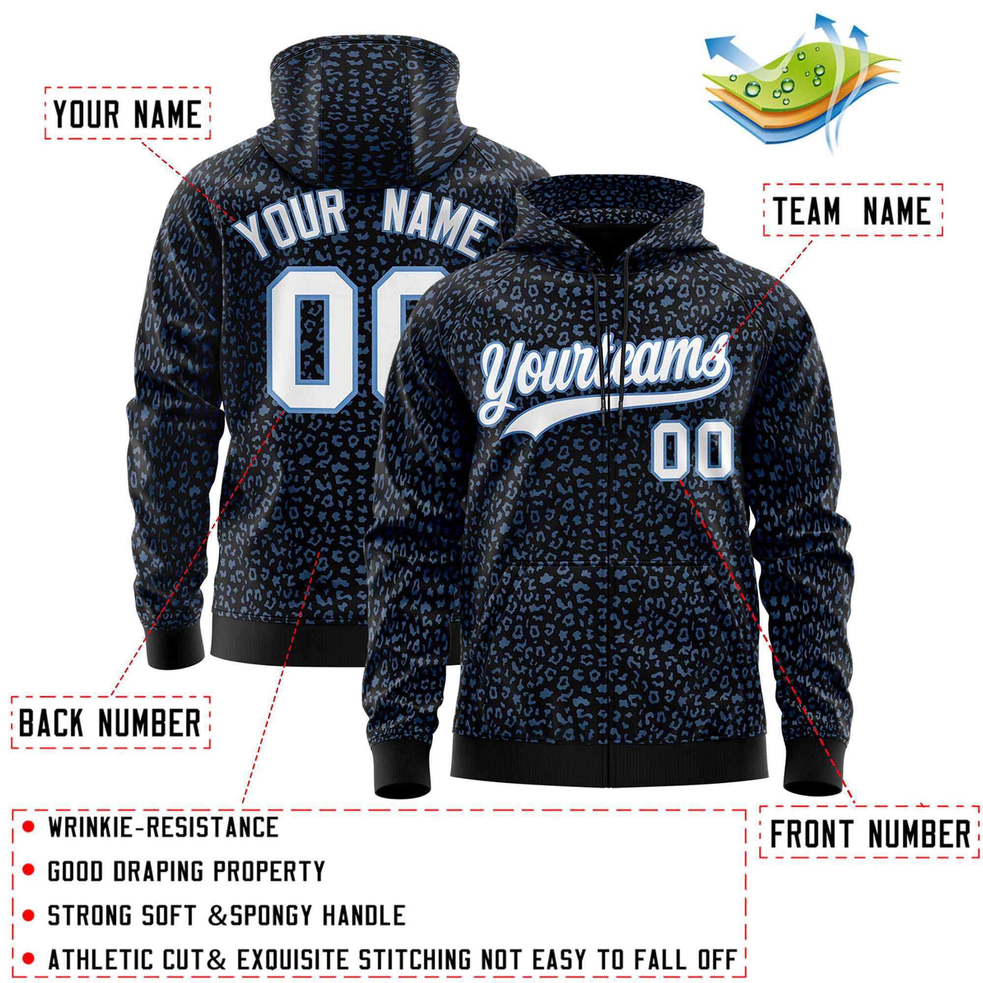 Custom Black Light Blue Varsity Full-Zip Letterman Leopard Print Hoodie Jacket