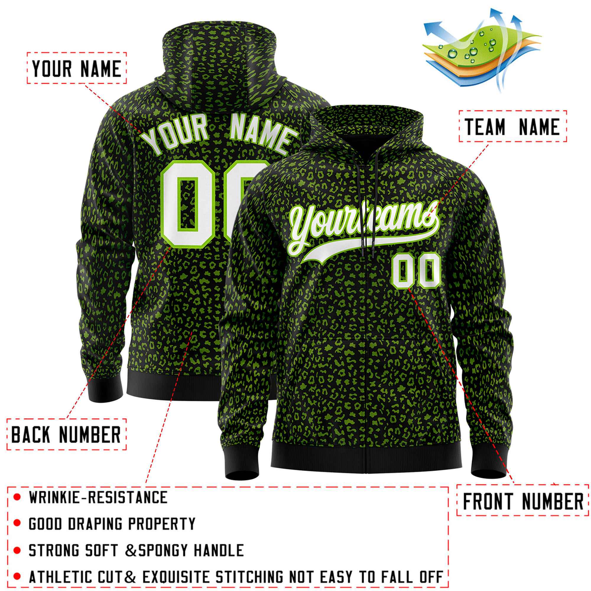 Custom Black Neon Green Varsity Full-Zip Letterman Leopard Print Hoodie Jacket