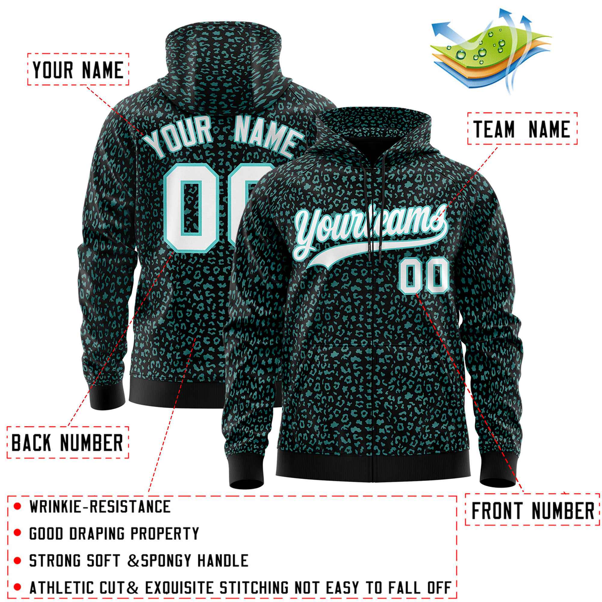 Custom Black Bright Green Varsity Full-Zip Letterman Leopard Print Hoodie Jacket