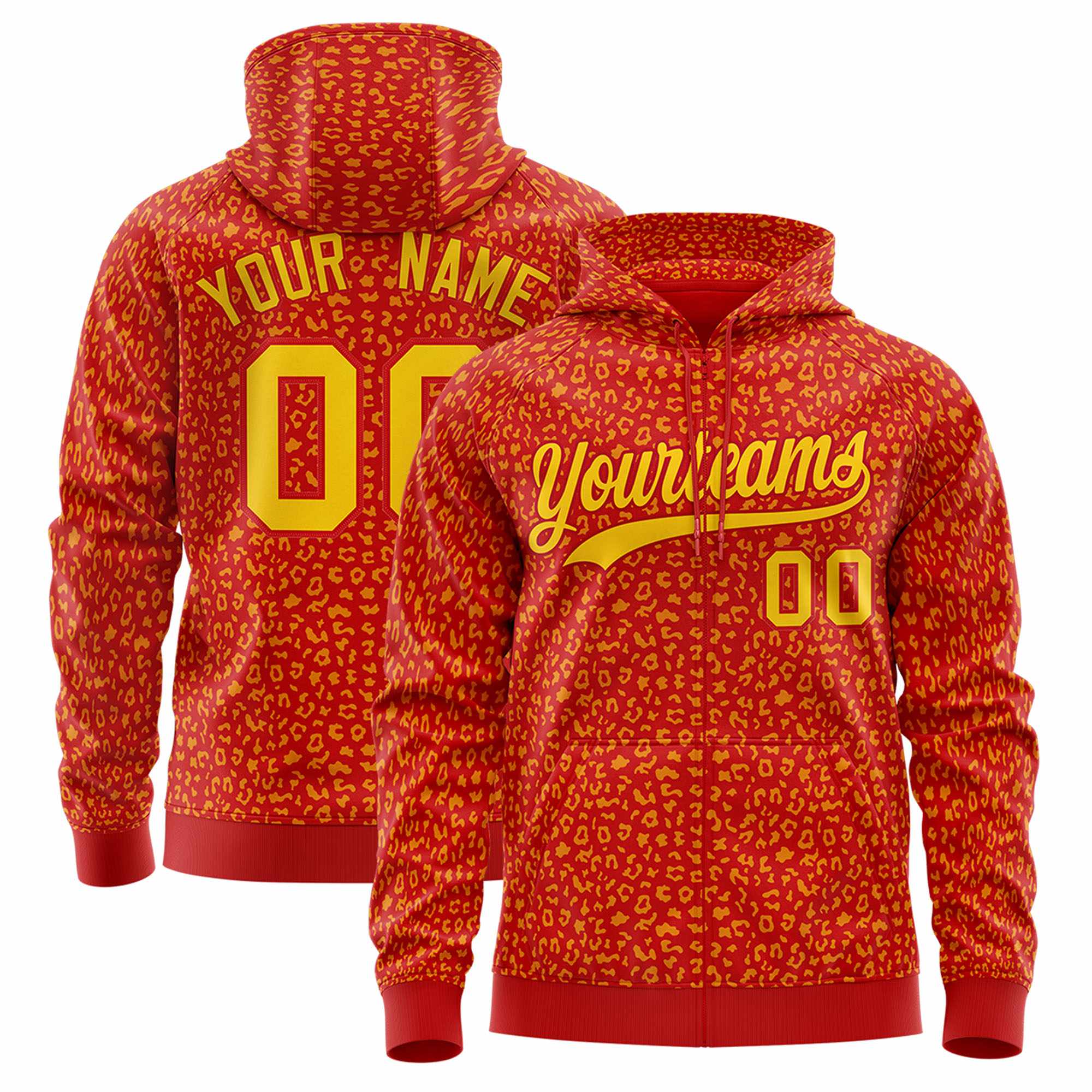 Custom Red Gold Varsity Full-Zip Letterman Leopard Print Hoodie Jacket