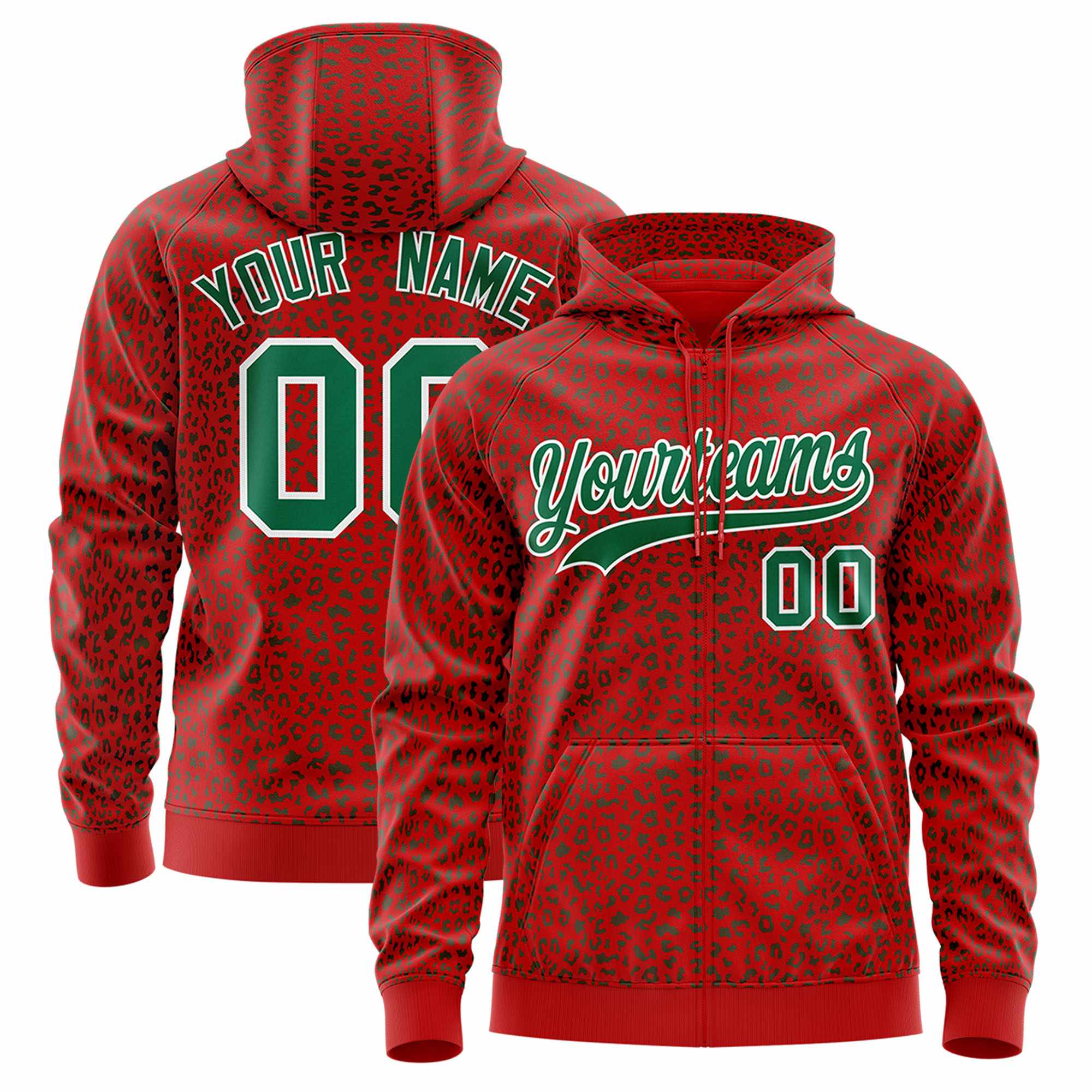 Custom Red Kelly Green Varsity Full-Zip Letterman Leopard Print Hoodie Jacket