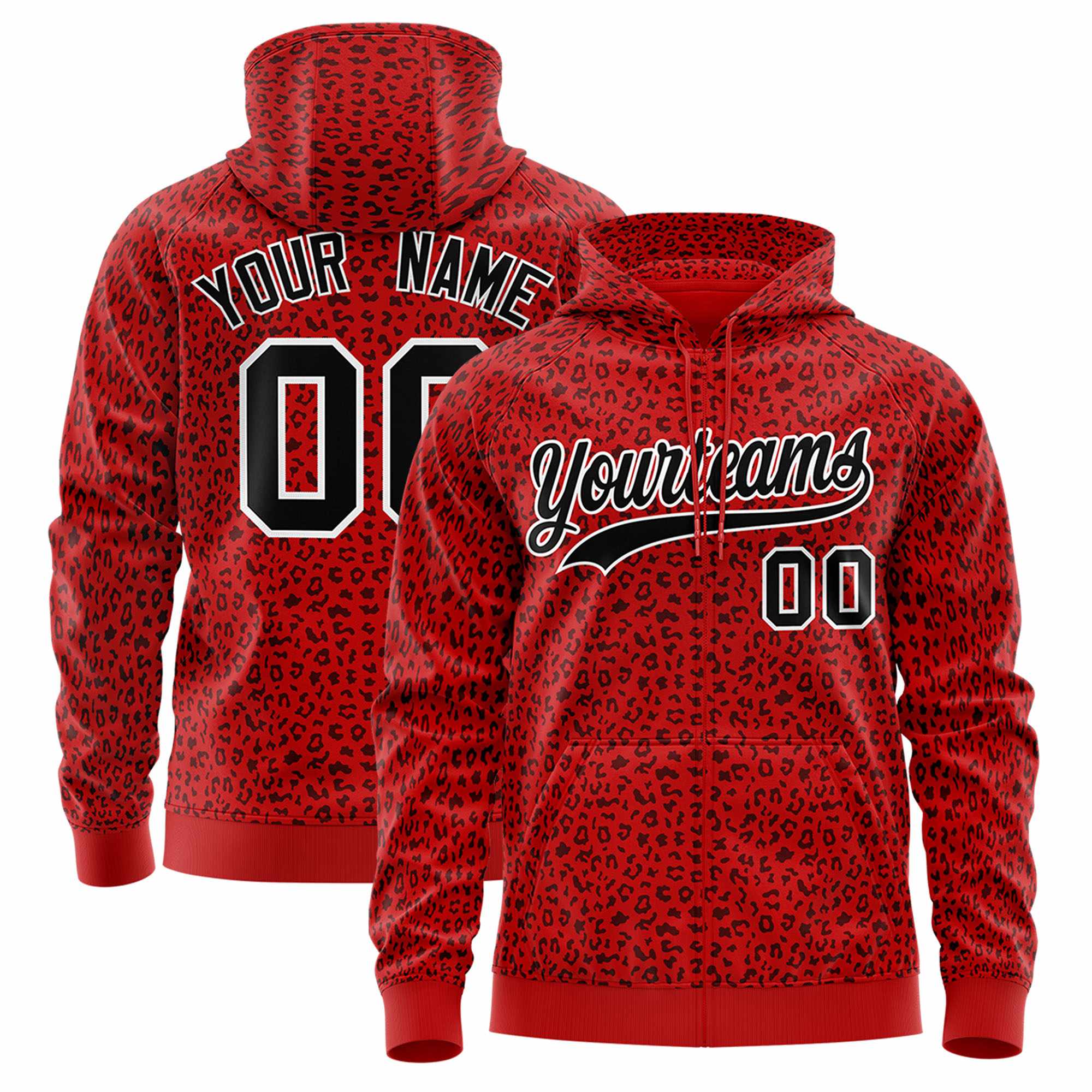 Custom Red Black Varsity Full-Zip Letterman Leopard Print Hoodie Jacket