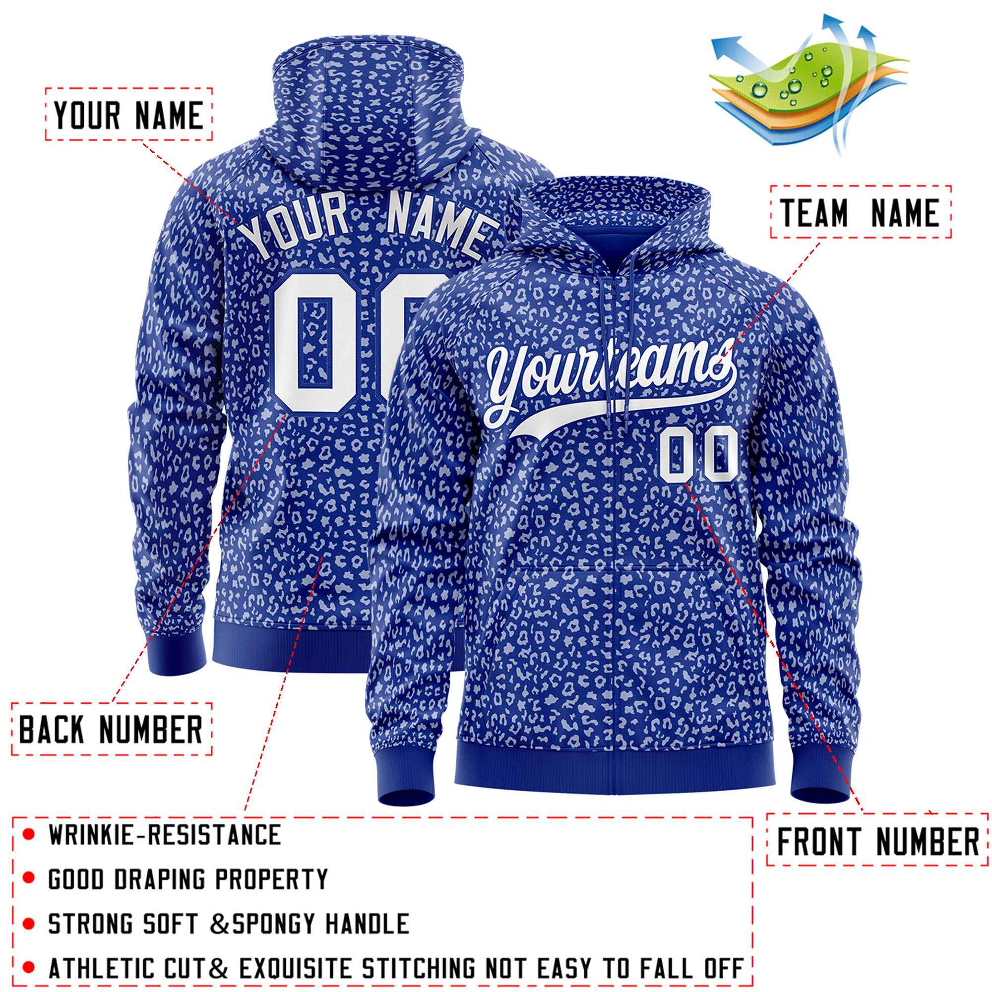 Custom Navy Black Varsity Full-Zip Letterman Leopard Print Hoodie Jacket