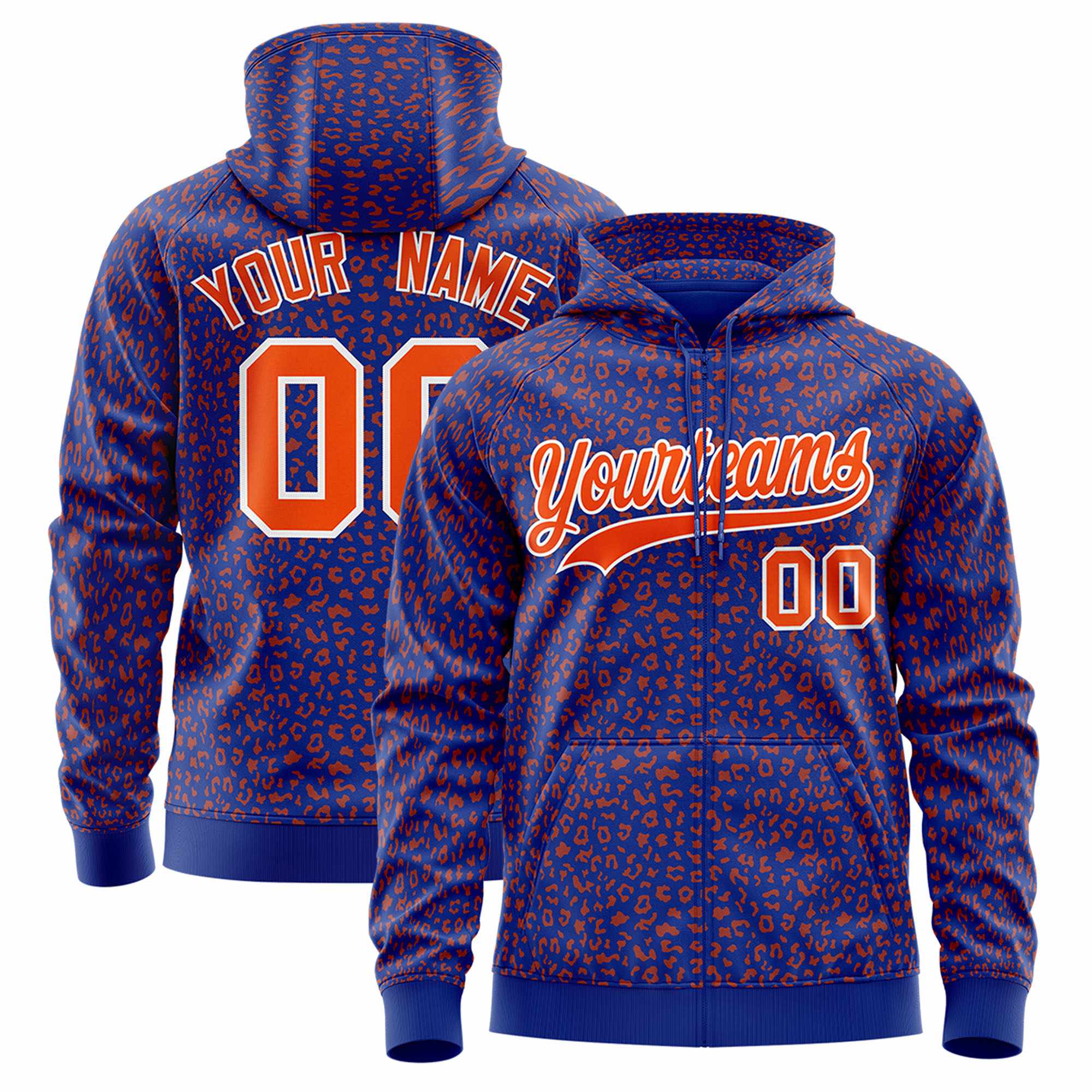 Custom Royal Orange Varsity Full-Zip Letterman Leopard Print Hoodie Jacket