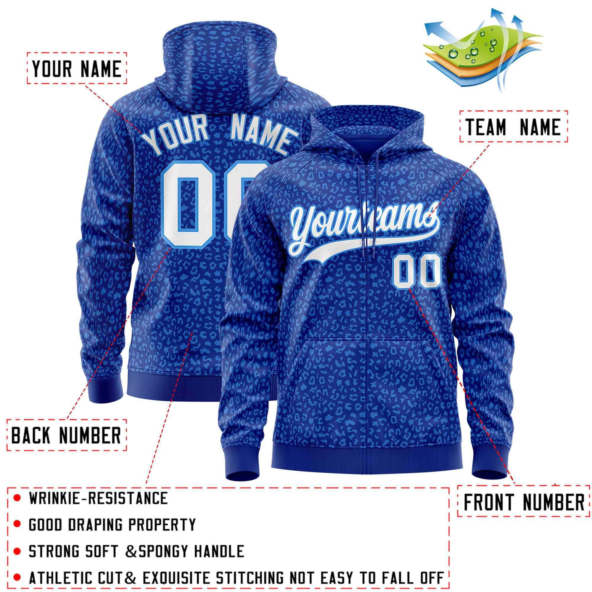 Custom Royal Powder Blue Varsity Full-Zip Letterman Leopard Print Hoodie Jacket