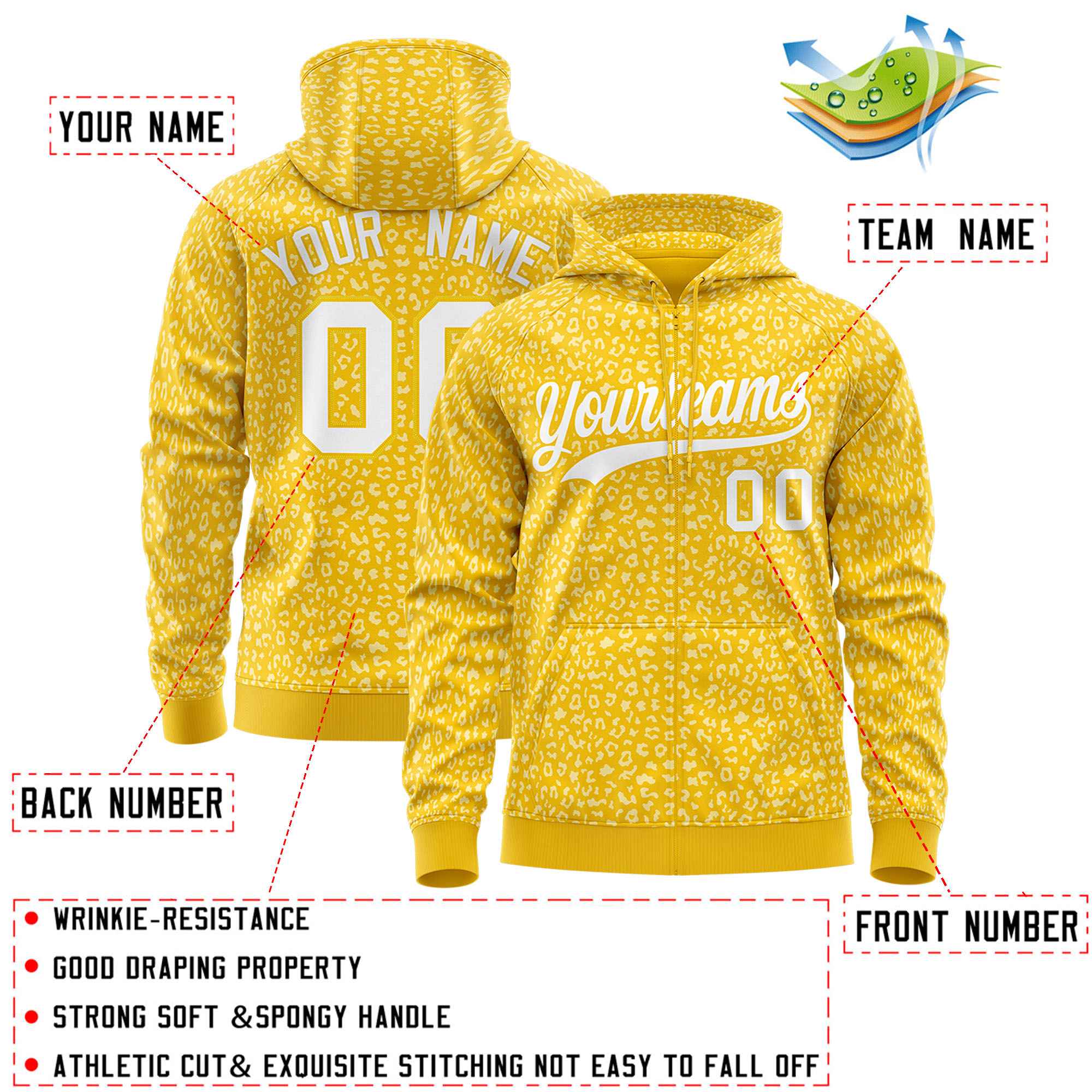 Custom Gold White Varsity Full-Zip Letterman Leopard Print Hoodie Jacket