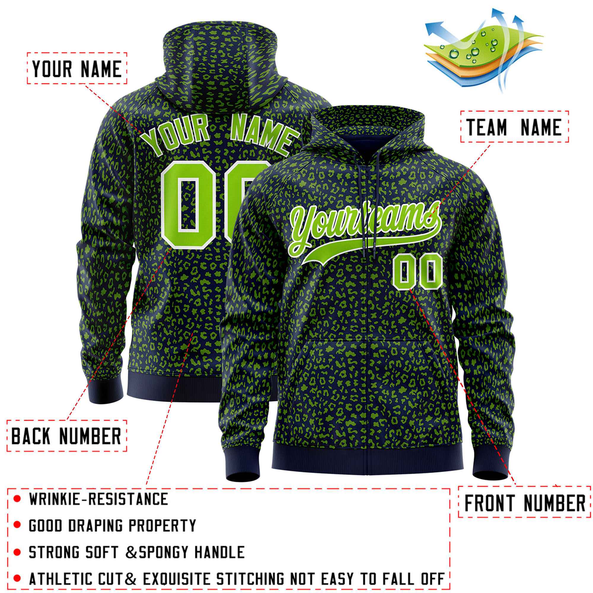 Custom Navy Neon Green Varsity Full-Zip Letterman Leopard Print Hoodie Jacket