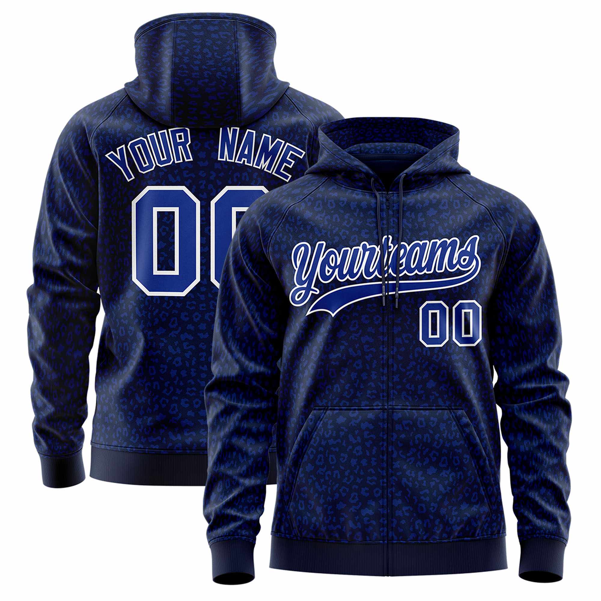 Custom Navy Royal Varsity Full-Zip Letterman Leopard Print Hoodie Jacket