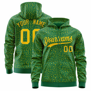 Custom Kelly Green Gold Varsity Full-Zip Letterman Leopard Print Hoodie Jacket