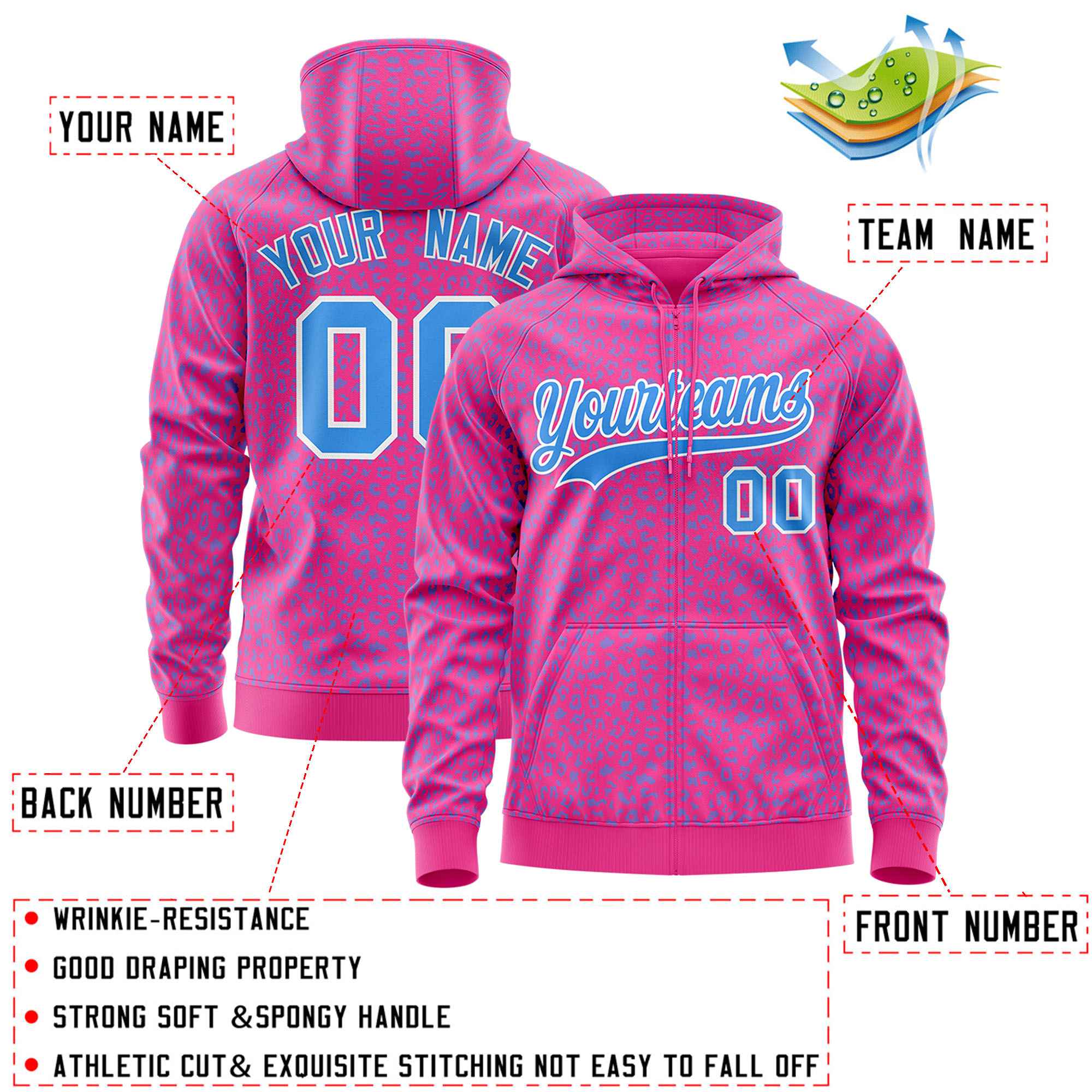 Custom Pink Powder Blue Varsity Full-Zip Letterman Leopard Print Hoodie Jacket