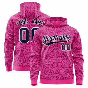 Custom Pink Navy Varsity Full-Zip Letterman Leopard Print Hoodie Jacket