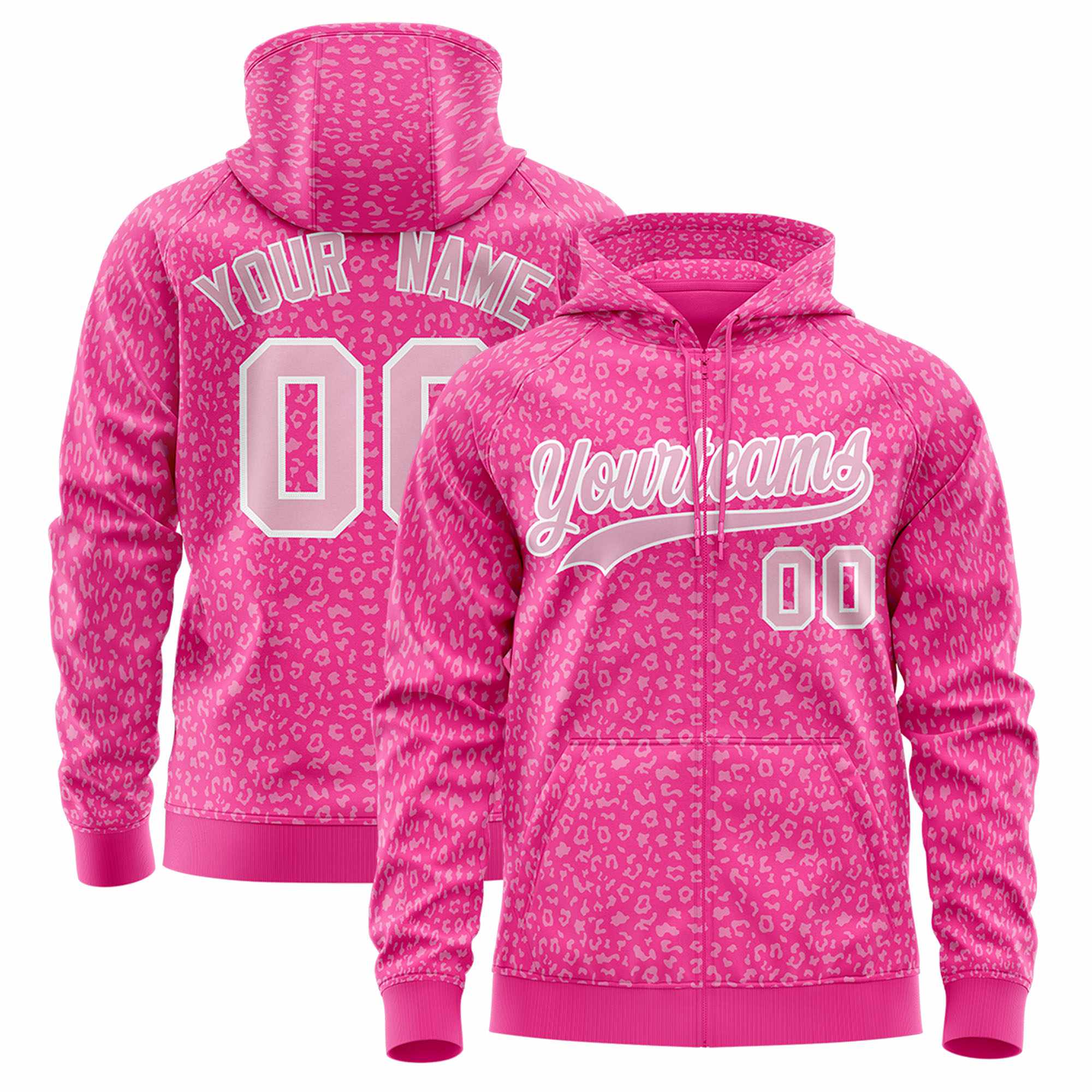 Custom Pink Light Pink Varsity Full-Zip Letterman Leopard Print Hoodie Jacket