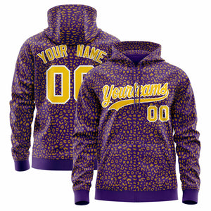 Custom Purple Gold Varsity Full-Zip Letterman Leopard Print Hoodie Jacket